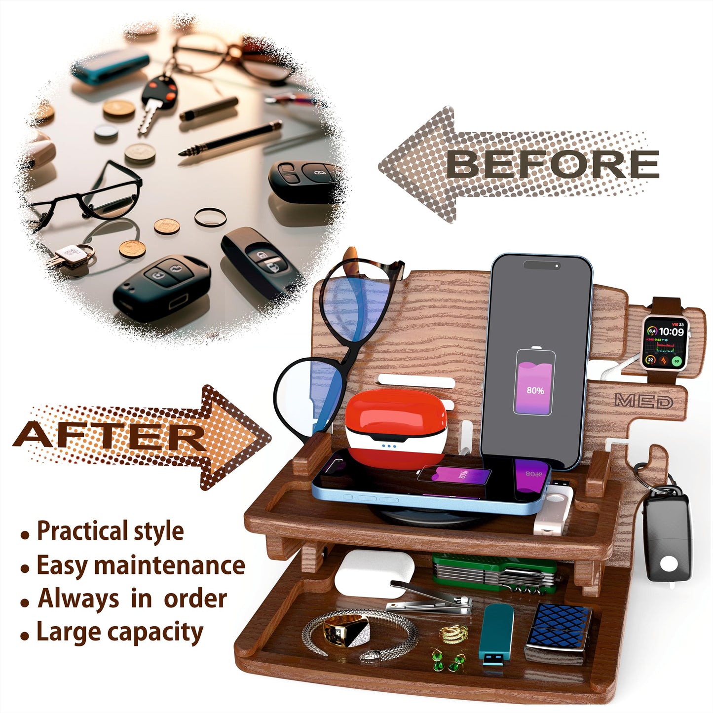 MED Wood Phone Docking Station for Men - Desk or Nightstand Organizer - Birthday Gifts for Husband, Dad - Anniversary Idea from Wife - Key Holder, Stand Wallet, Watch & Essentials (Dark Walnut)