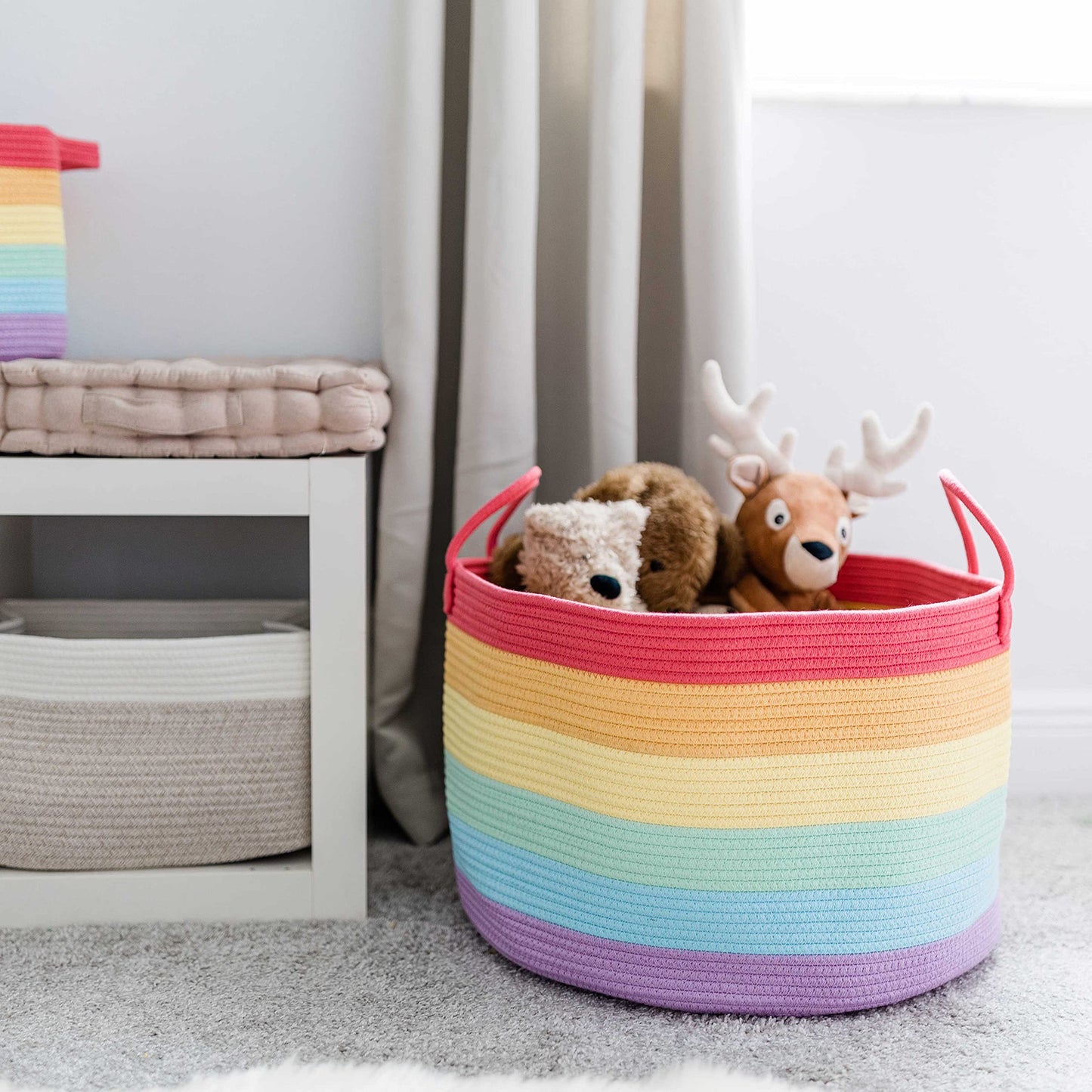 OrganiHaus Rainbow Blanket Basket for Classroom & Nursery, Extra Large Woven Laundry Basket w/Handles, Kids Toy Organizer & Storage, Soft Round Dog Toy Storage Bin, Cute Bin - 20"x13" in