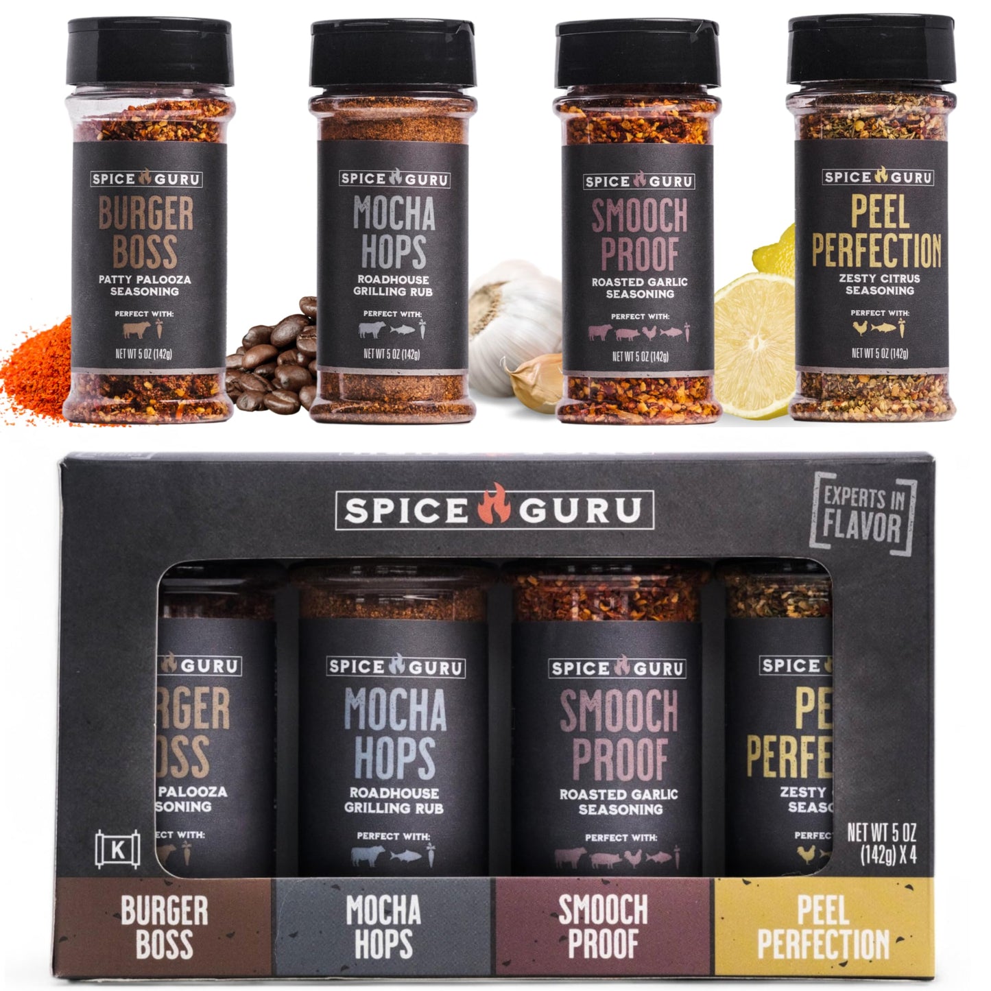 Spice Guru Grill Seasoning Gift Set - 4 Flavor BBQ Seasonings and Rubs - Christmas Gifts for Men Who Cook - BBQ Rub Gift Set - Christmas Grilling Gifts for Men - Gifts for Dad - Gifts for Him