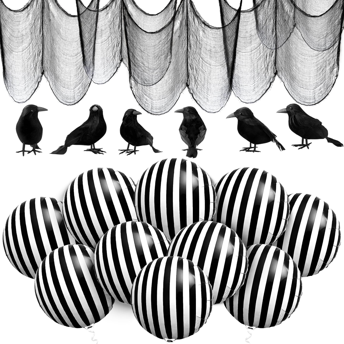 Halloween Creepy Cloth and Crows - Pack of 7 and Black and White Stripe Balloons - 18 Inch, Pack of 10 | Black and White Striped Balloons, Halloween Decorations | Halloween Crows and Raven Decorations