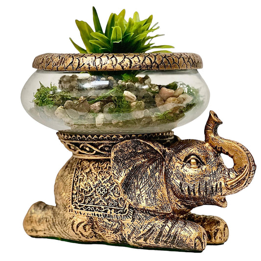 The Nifty Nook Good Luck Elephant Glass Bowl Gold Antiqued Polyresin Decorative Figurine with Removable Glass Bowl Terrarium, Candle Holder, or Tabletop Aquarium Home Decor with Gift Box