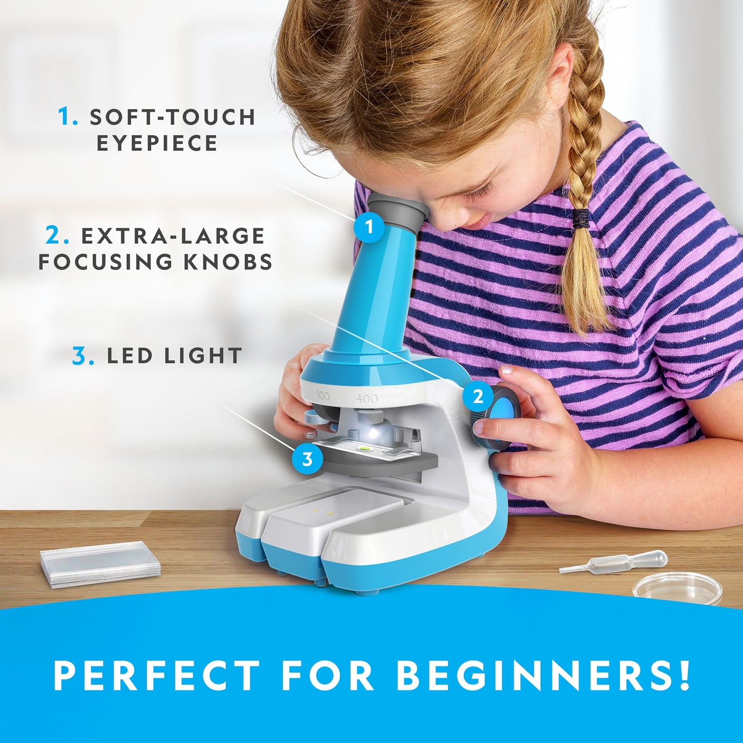 NATIONAL GEOGRAPHIC Microscope for Kids - Science Kit with an Easy-to-Use Kids Microscope, Up to 400x Zoom, Blank and Prepared Slides, Rock & Mineral Specimens, STEM Project Toy