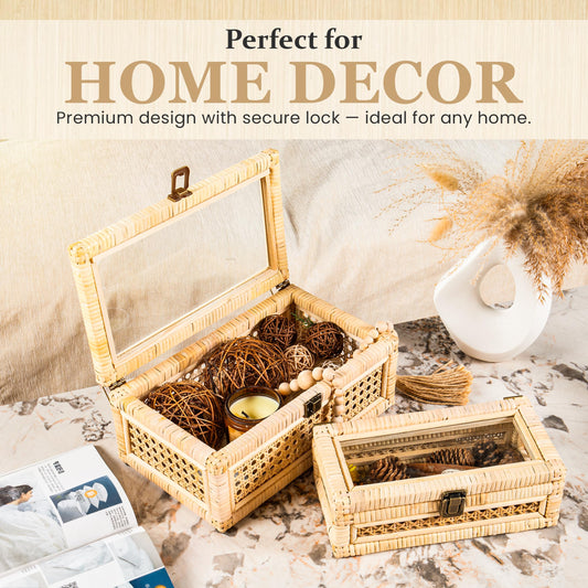 Eclatoris Rattan Decorative Box with Lid & Secure Lock | Decorative Box with Lids for Home Decor | Rattan Display Box | Boho Storage Box | Wicker Basket Organizer | Includes 10x Non-Scratch Felt Pads