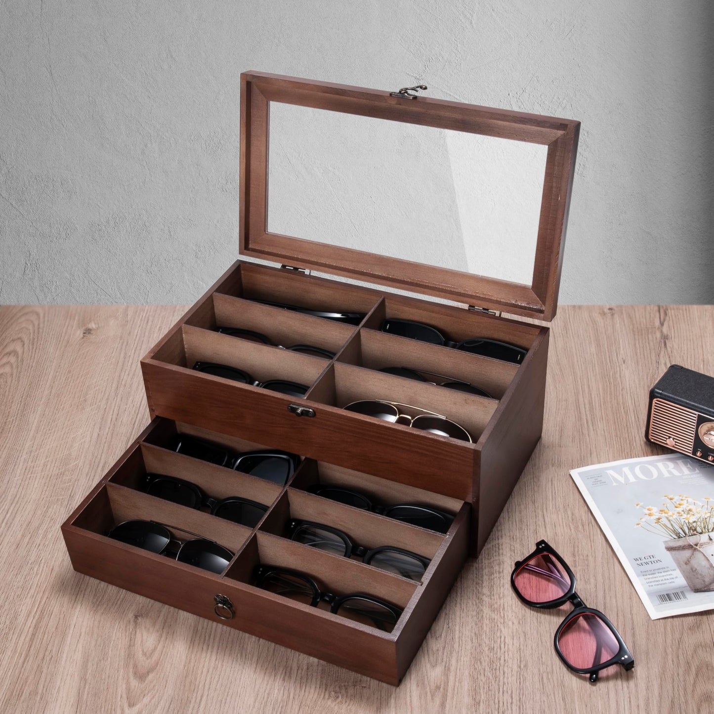 humberboat Wooden Sunglasses Storage Organizer, 12 Slots Sunglasses Organizer Case for Multiple Pairs, Eyeglasses Display Case for Gift, Holder Watches Jewelry Collection for Men Women