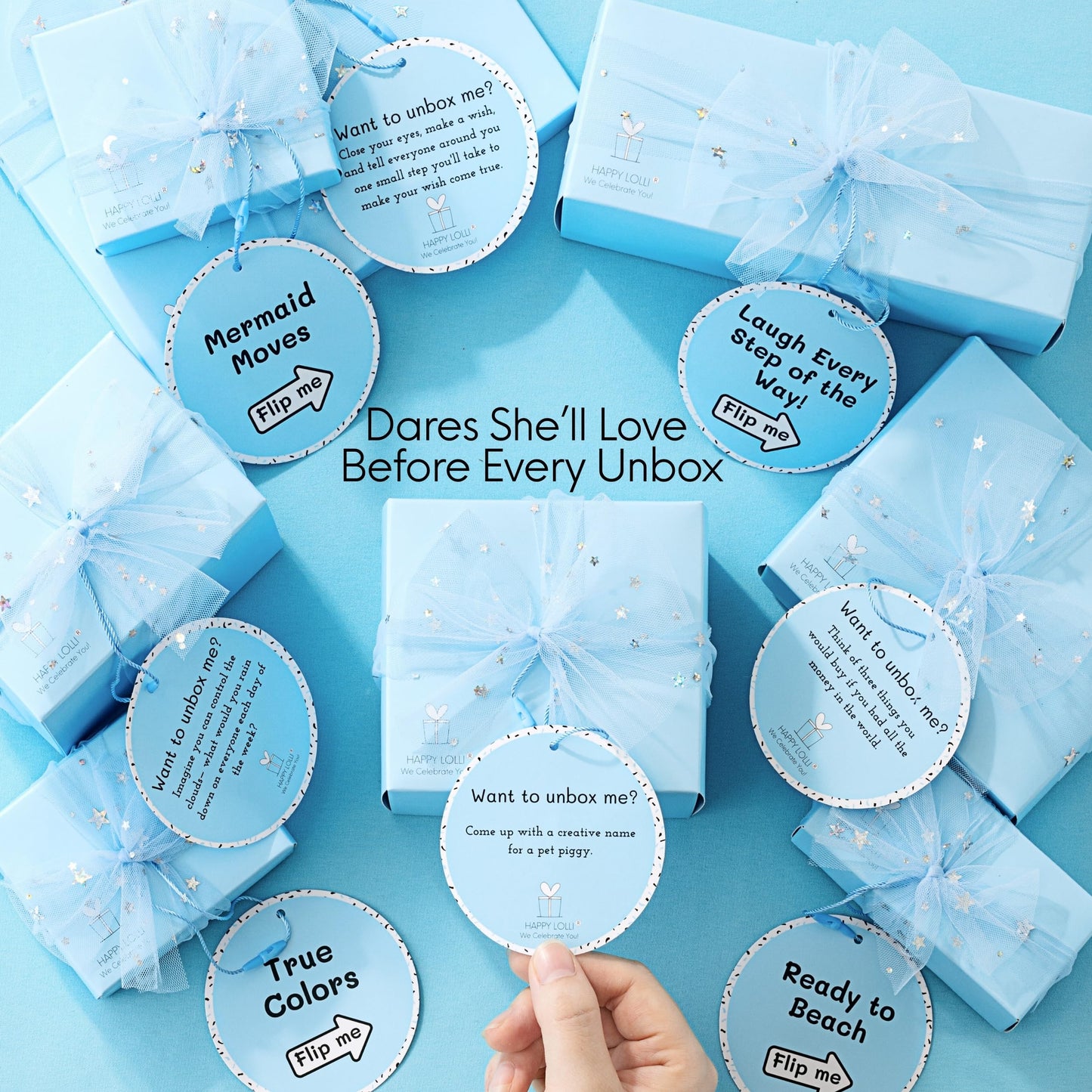 HAPPY LOLLI Blue LolliBox Gift Set for Tween & Teen Girls Ages 8–15, Birthday Gift Box, Ready-to-Gift Surprise Box with 8 Individually Wrapped Gifts & Empowering Challenges