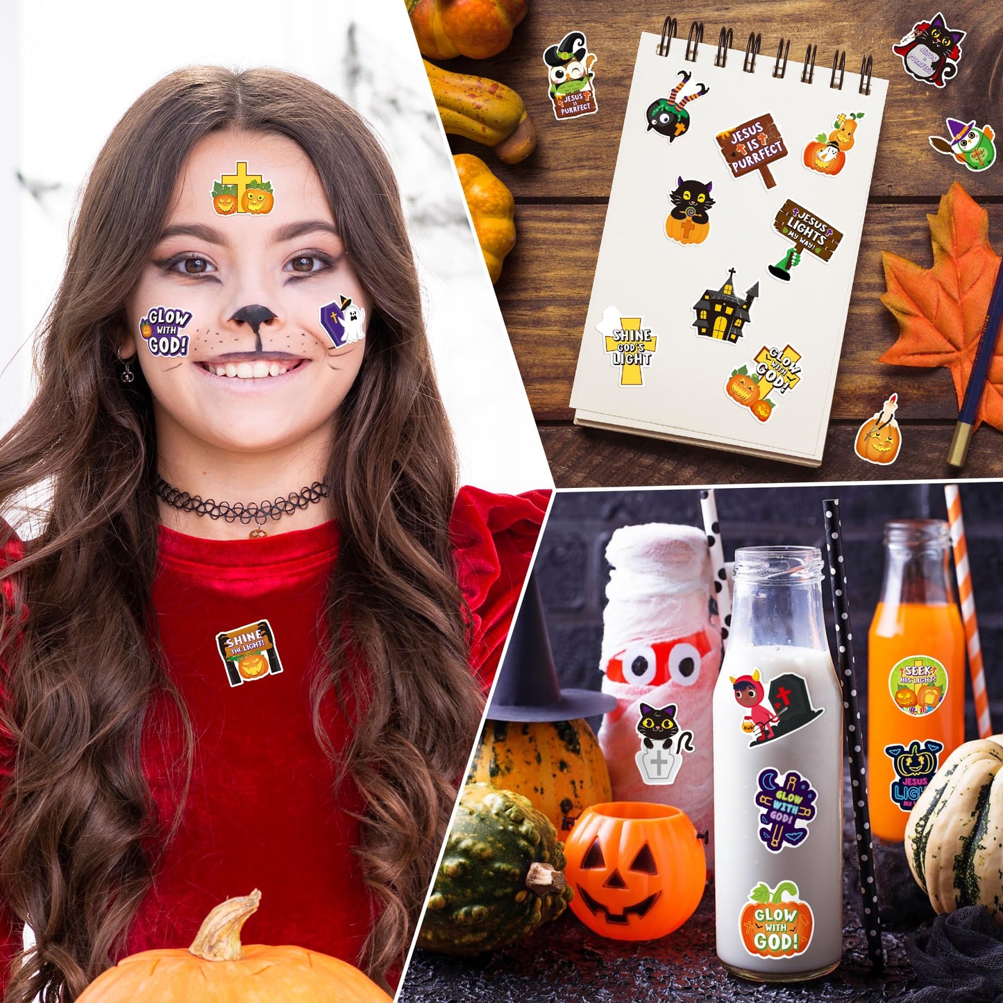 ANGOLIO 50Pcs Halloween Stickers for Kids, Cute Cartoon Pumpkins Witch Black Cat Christian Crosses Vinyl Waterproof Decals for Water Bottles Notebooks Laptop
