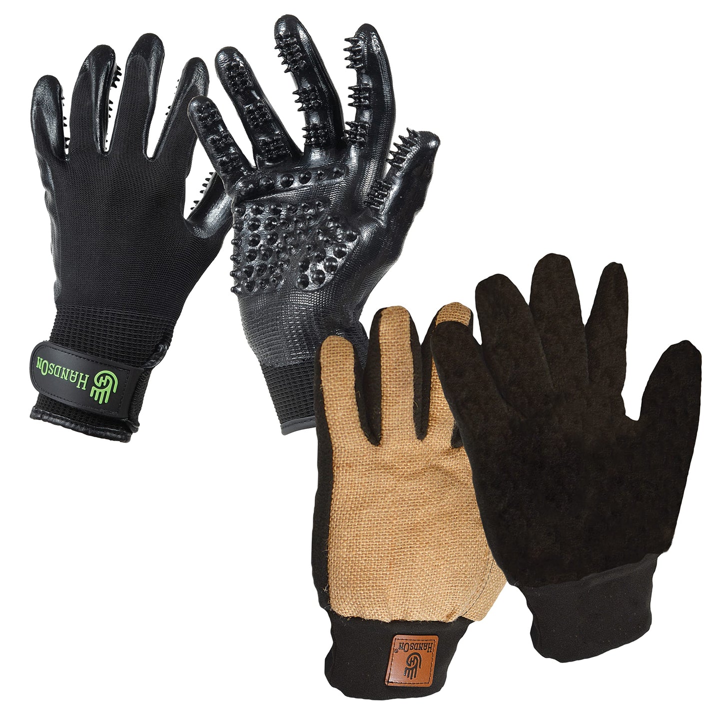 HandsOn Pet Grooming Gloves & Finishing Gloves Bundle - Hair Remover Gloves for Deshedding, Bathing & Massaging Dogs, Cats & Horses - Fur Shinning Tool for All Show Animals (Large, 1 Pair of Each)