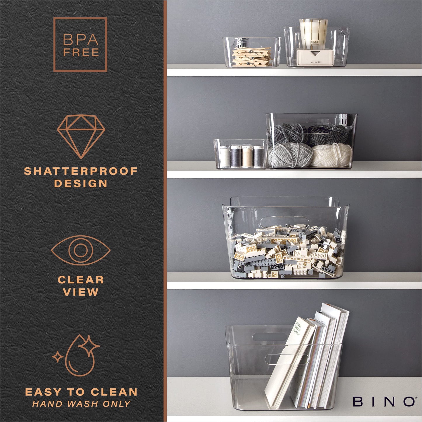BINO | Plastic Storage Bins, Large - 2 Pack, Clear | THE SOHO COLLECTION | Pantry Organizers and Storage Containers | Fridge Organizer Bins | Kitchen Cabinet Organizer | Medicine Cabinet Bin
