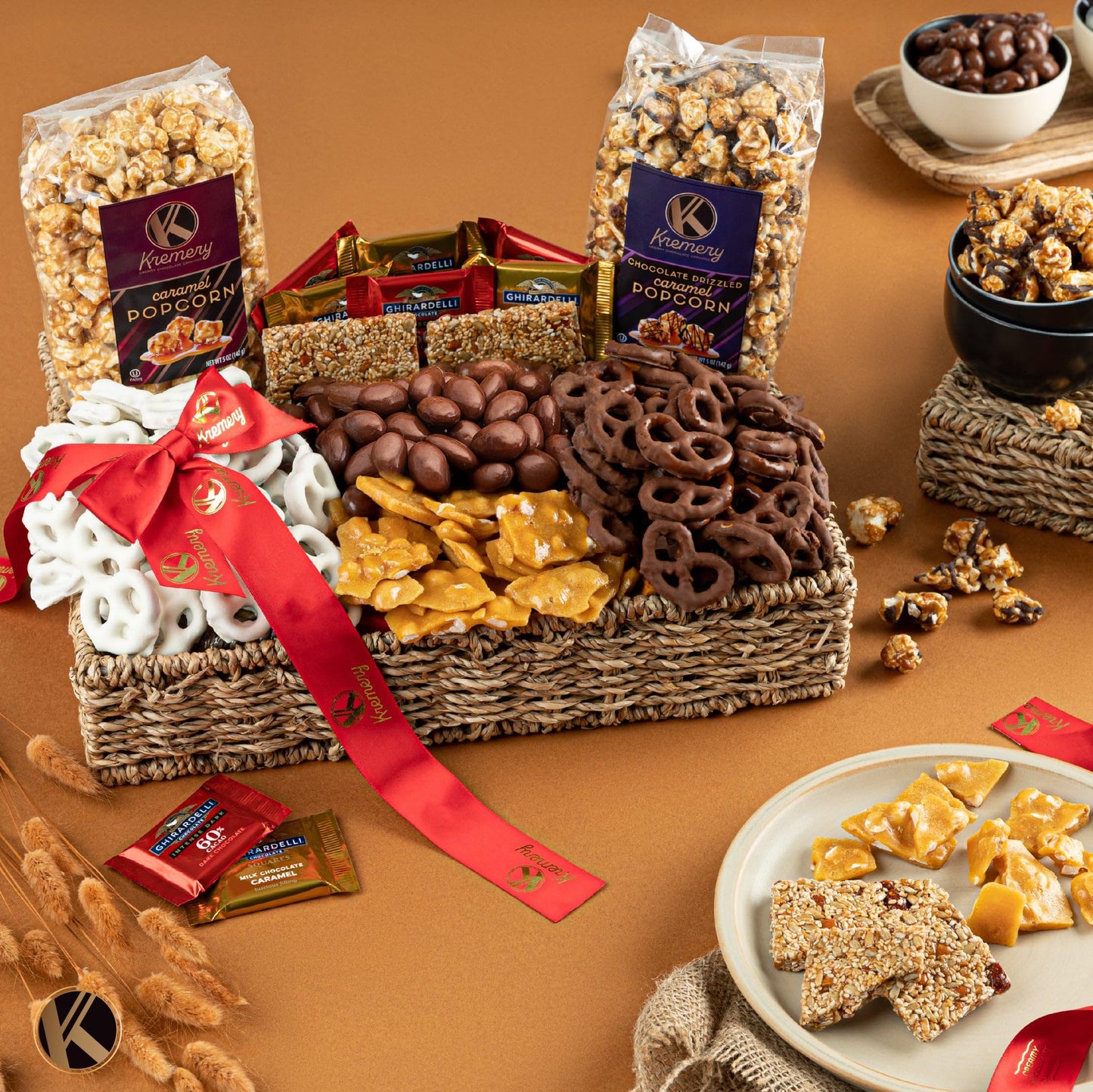 KREMERY Creamy Chocolate Cravings Mothers Day Treats, Chocolate Covered Pretzels, Nuts, Candy & Caramel Popcorn (Deluxe, 3.5 lbs) Sweet Treats in Seagrass Tray with Ribbon Kosher