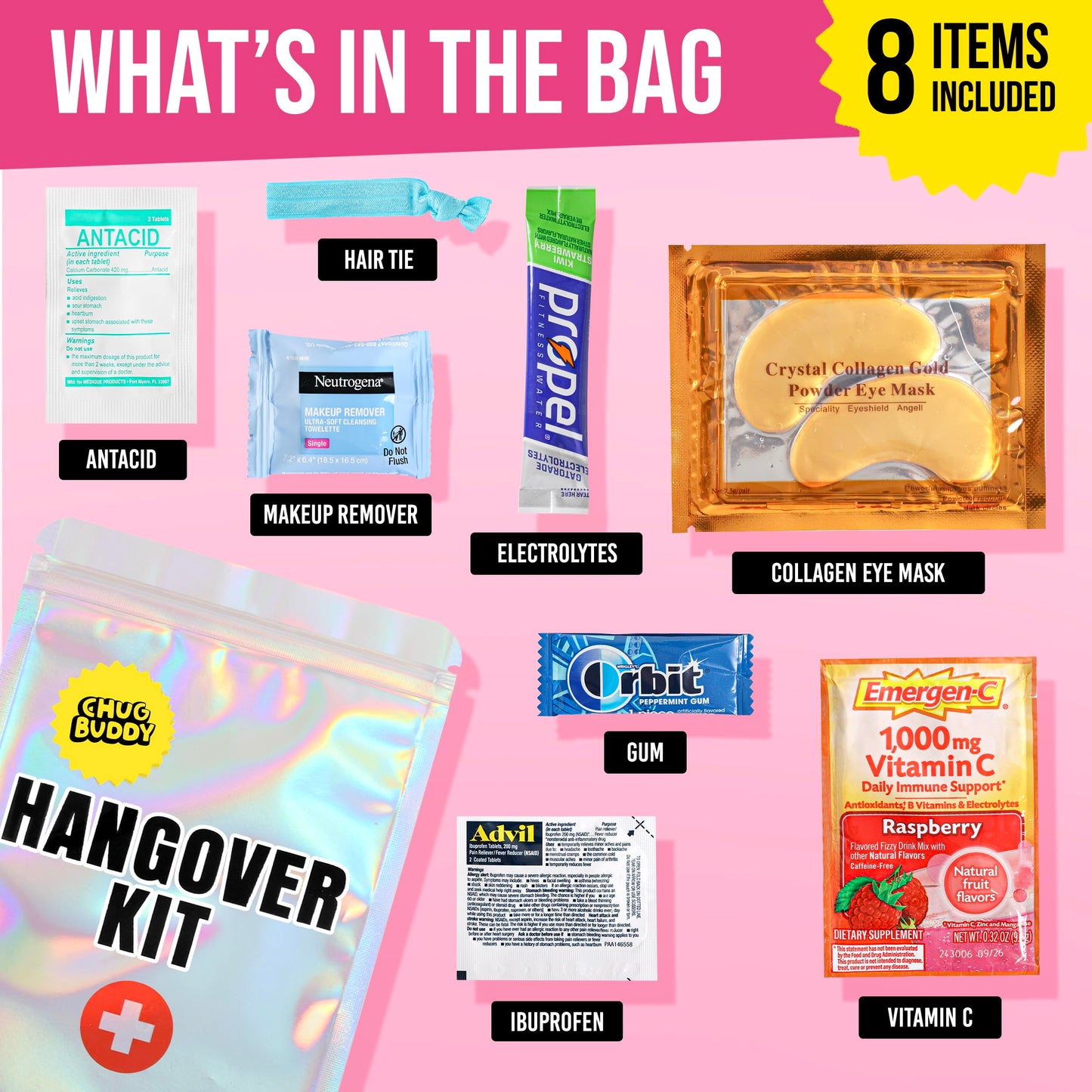 Chug Buddy Hangover Kits (6 Pack) for Bachelorette Party Favors, Weddings & 21st Birthdays | Pre-Filled Bulk Hangover Kit Bags for Bridesmaids, Girls Trips & Party Events