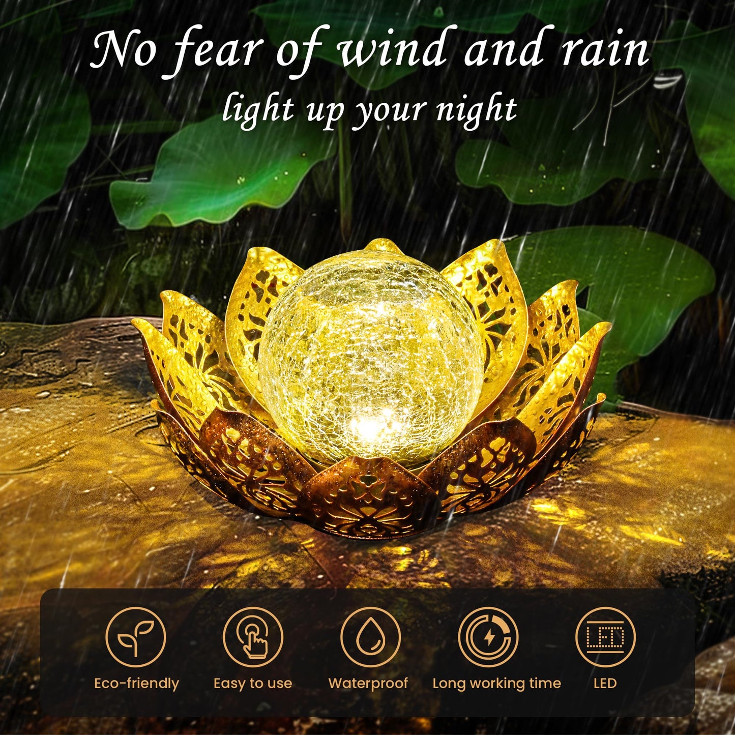 GIGALUMI Solar Lights Outdoor Garden Decor, Adjustable Metal Petal Lotus Flower Lights Crackle Globe Glass Lantern Outdoor Table Decor Waterproof for Patio, Lawn, Pathway, Pond, Christmas Gift