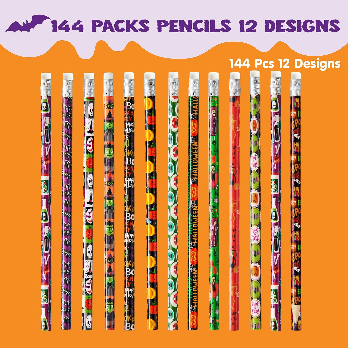 JOYIN 144 PCS Halloween Pencils with Eraser, 12 Designs Halloween Stationery Set for Kids Gifts Prizes, Wooden Drawing Pencils, Classroom Party Favor Supplies, Trick or Treat Goodies Bags Fillers