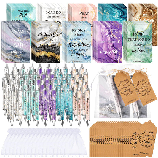 Qeeenar 200 Pcs Christian Gifts Bulk Sets Bible Verse Religious Ballpoint Pen and Notebook Gift Set with Thanks Tags Organza Bag Gift Bulk for Women Church Christian Party Favors(Elegant Color,Marble)