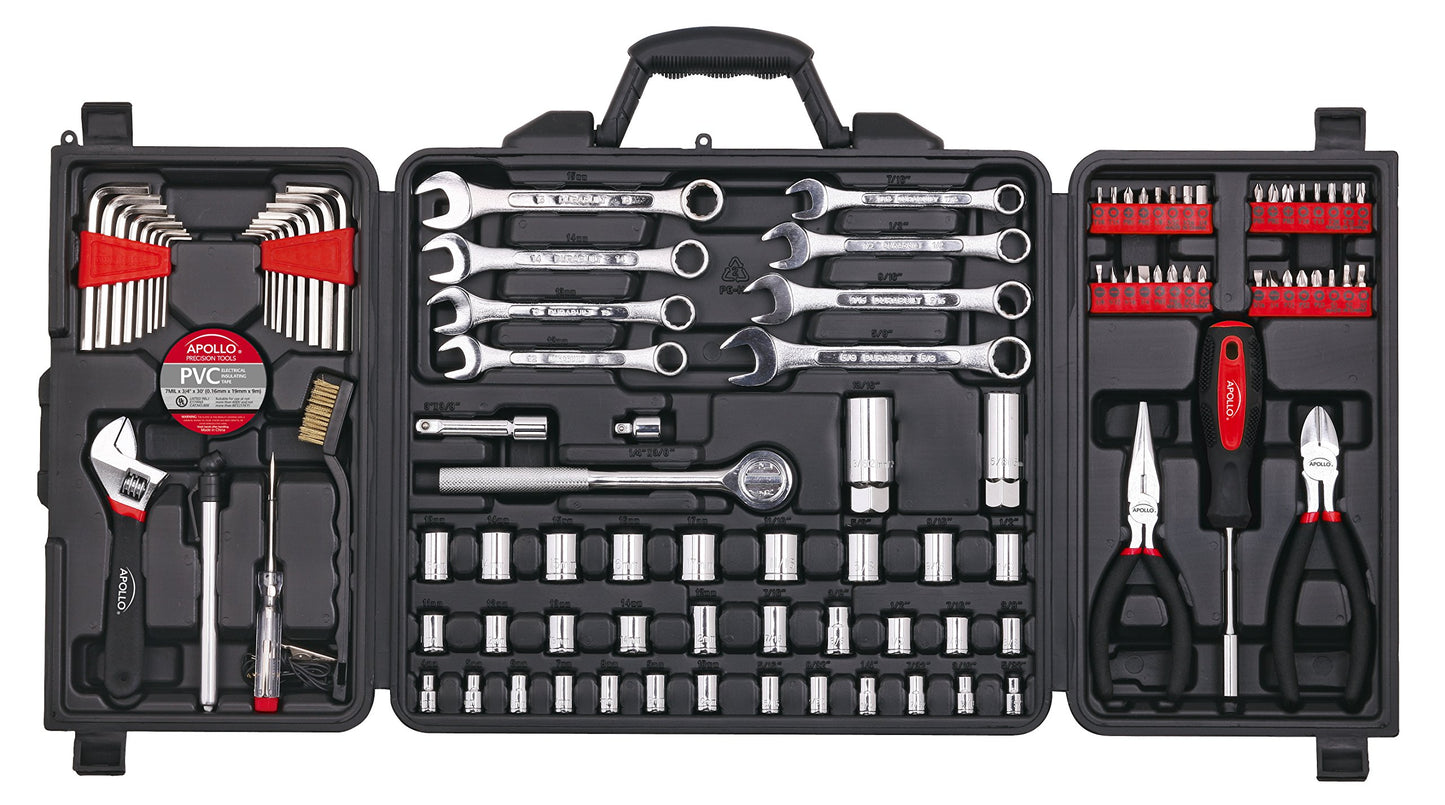 Apollo Tools 101 Piece Mechanic Tool Set for Roadside Emergencies. SAE and Metric for Mechanical Repairs for Boating, RV, Bikes, in Compact Carrying Case - Red - DT0006