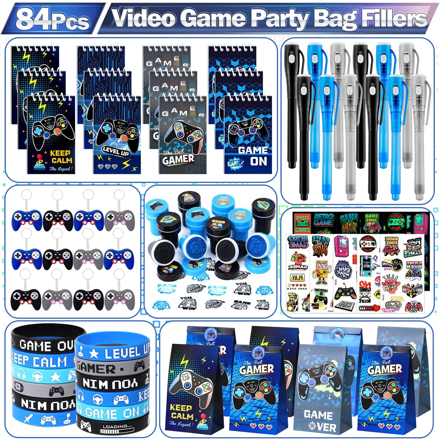 Mishopy 84Pcs Video Game Party Favors Birthday Supplies Kids Boys Invisible Ink Pen Notebook Silicone Bracelet Stamper Tattoo Sticker Gaming Toy Gift Bag Goodie Bag Stuffers Gamer Party Favors