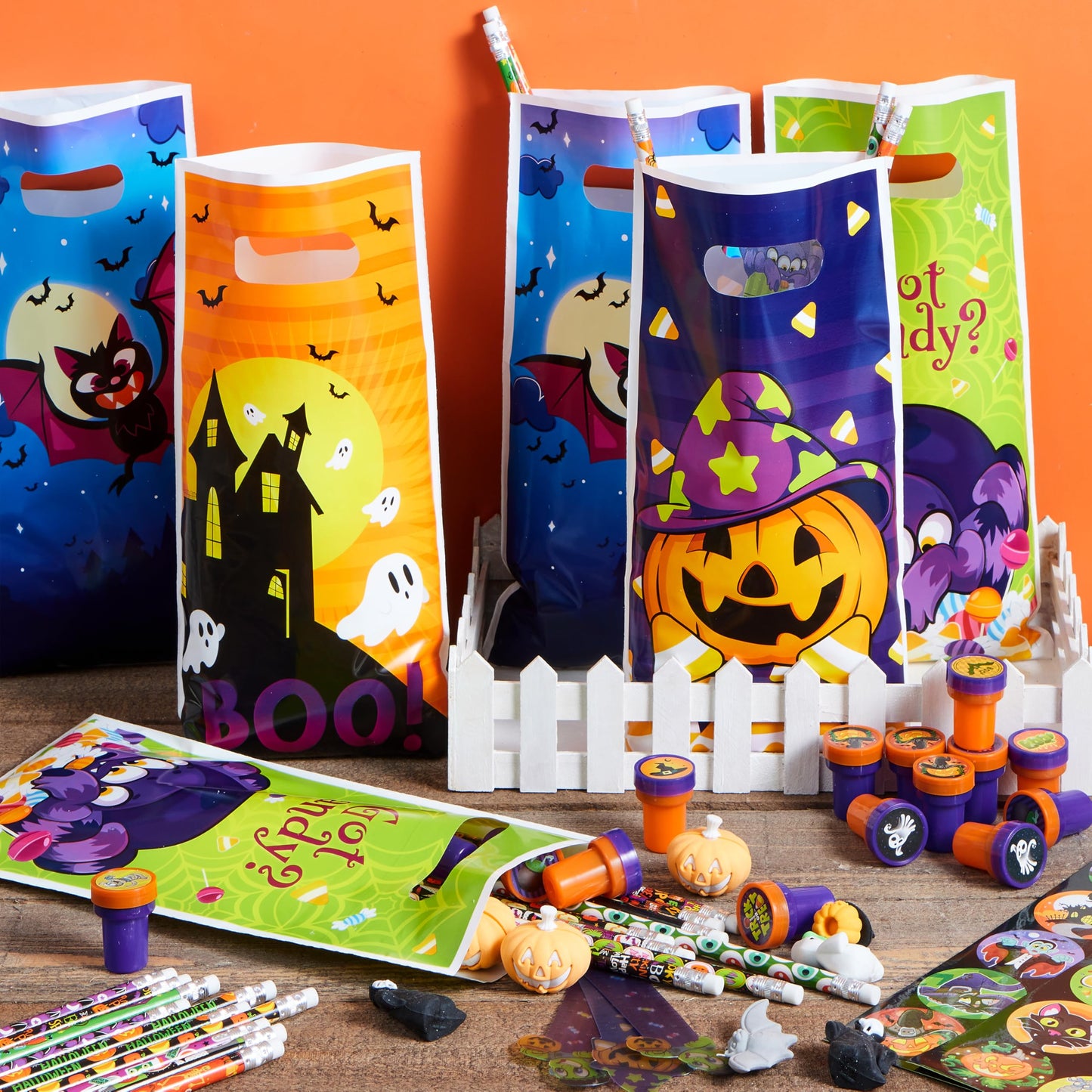 JOYIN 144 Pieces 24 Pack Assorted Halloween Themed Stationery Kids Gift Set Trick Treat Prize Party Favor Toy Including Halloween Pencils, Rulers, Stickers, Stamps and Erasers in Trick or Treat Bags