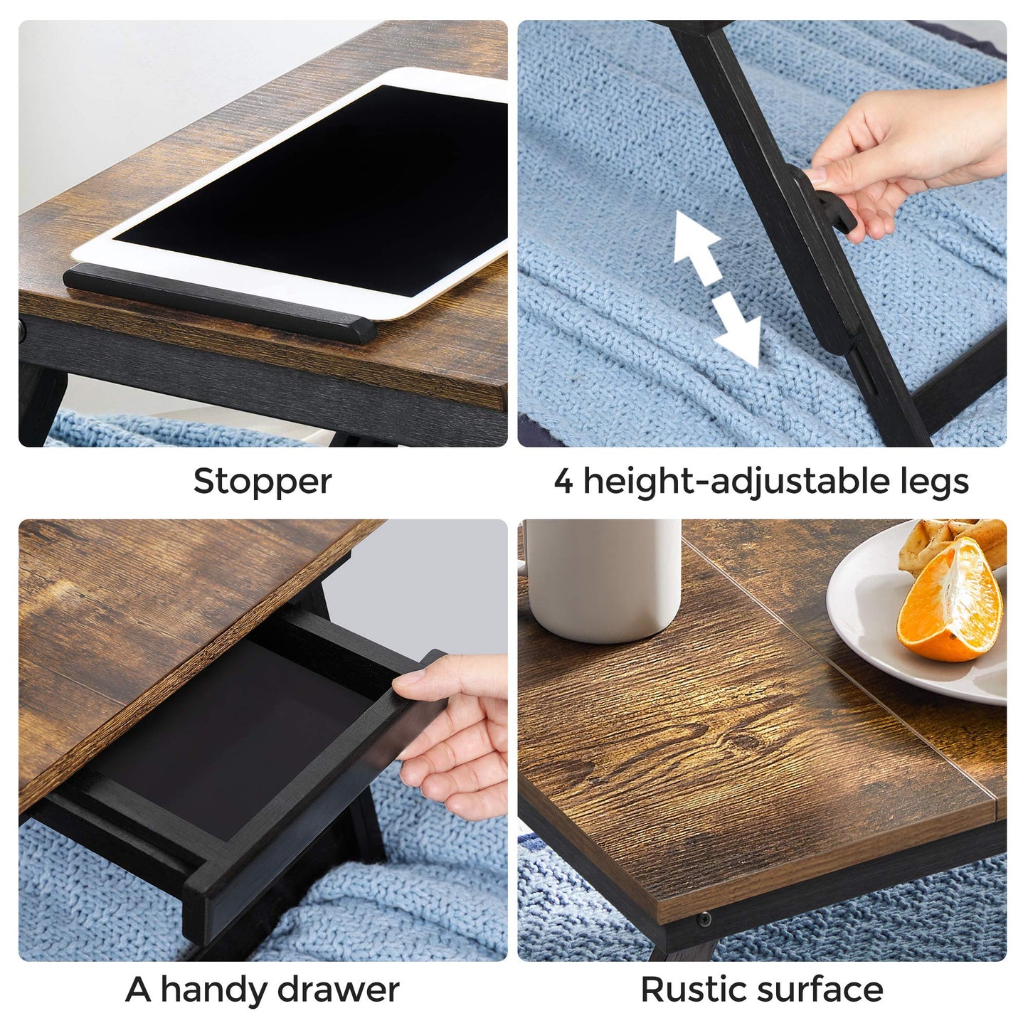 SONGMICS Laptop Desk, Bed Sofa Breakfast Tray, Adjustable Tilt Top, Right-Left Handed, Adjustable Folding Legs, Drawer, Rustic Dark Brown ULLD110B01