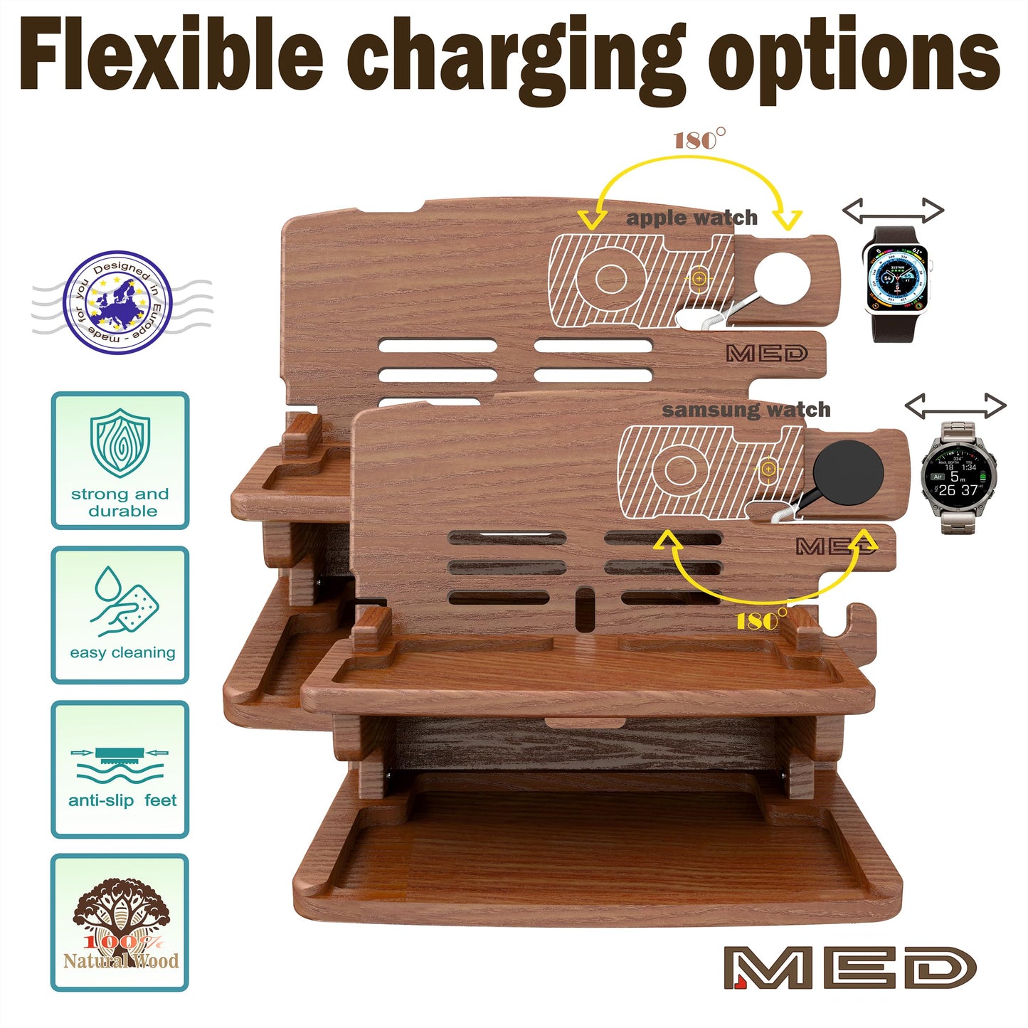 MED Wood Phone Docking Station for Men - Desk or Nightstand Organizer - Birthday Gifts for Husband, Dad - Anniversary Idea from Wife - Key Holder, Stand Wallet, Watch & Essentials (Dark Walnut)