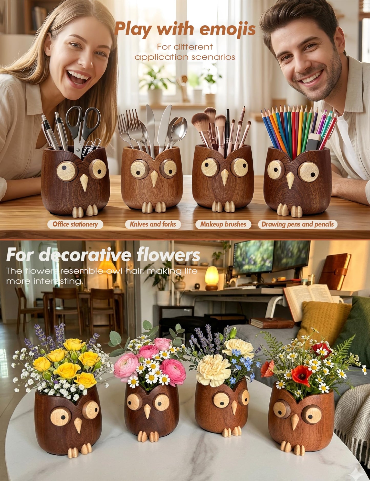 WODTILIFE Cute Owl Pen Holder for desk, funny wooden pencil holder with Magnetic Rotating Eyes emoji, Ebony solid wood hollow design, for Office accessories School Home and Holiday Gifts.(Brown)