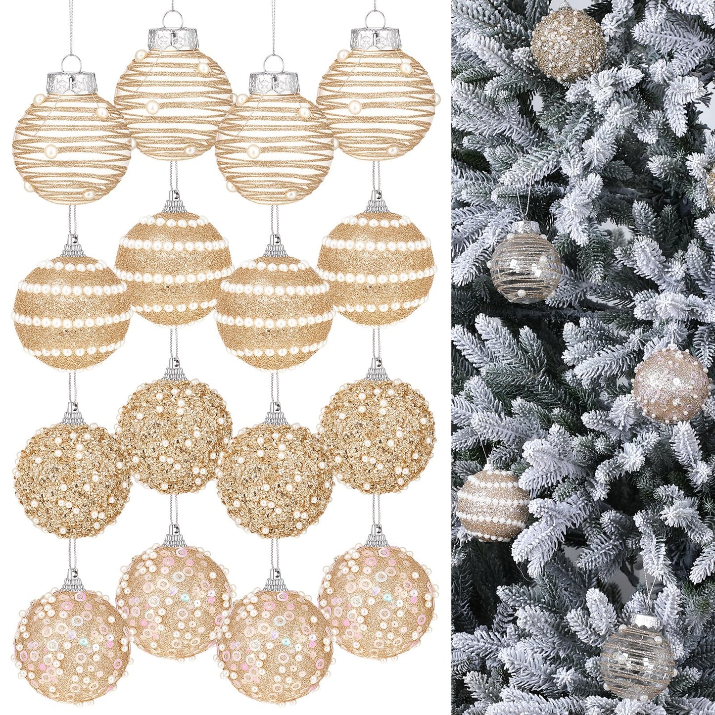 HyDren 16 Pcs Champagne Gold 2.76" Christmas Ball Ornaments Glitter Pearl & Sequin Christmas Ball Decorations Shatterproof Baubles Sparkling Pearl Shine Balls for Xmas Tree Birthday Halloween Wedding