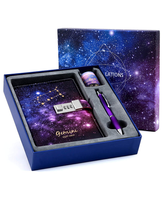 CAGIE Starry Constellation Lock Diary Set Gift Box with Pen & Tapes Secret Diary with Lock for Kids Girls Women Purple Journal Kit with Lock for Anniversary Birthday Holiday（Gemini）