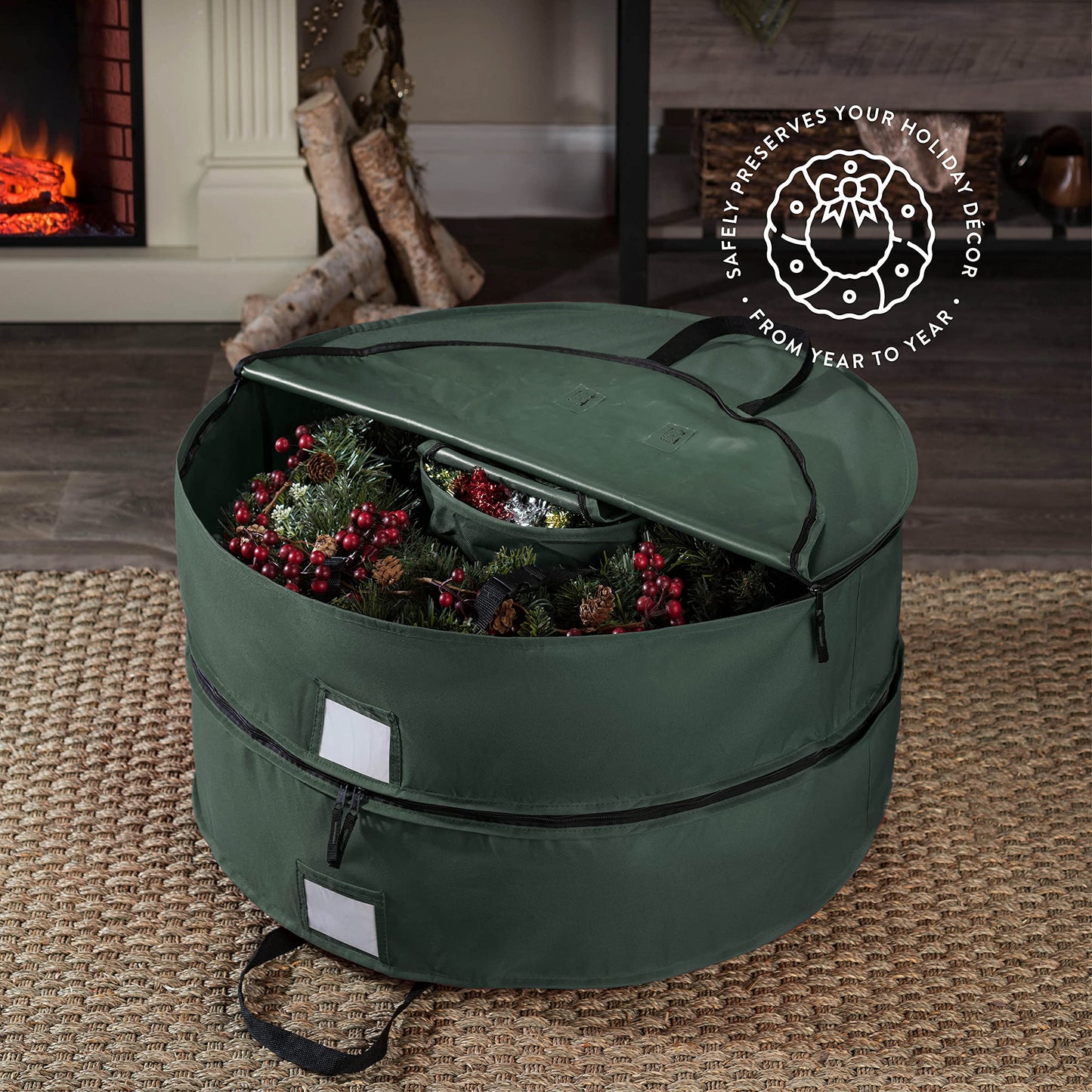 ZOBER Christmas Wreath Storage Container 24 Inch - Wreath Bag Fits 2 Wreaths Box - 600D Oxford Fabric - Interior Compartment for Storing Garlands, Wreaths Storage Bag W Strong Durable Handles - Green
