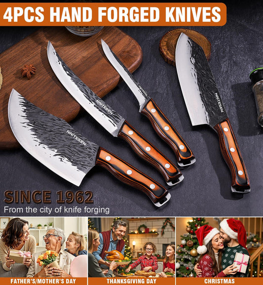 Naitesen 4PCS Hand Forged Butcher Knife and Kitchen Knife 2 in 1 Set, Heavy Duty Meat Cleaver Serbian Chef Knife Breaking Knife Boning Knife for Meat Cutting BBQ Gifts for Men Women