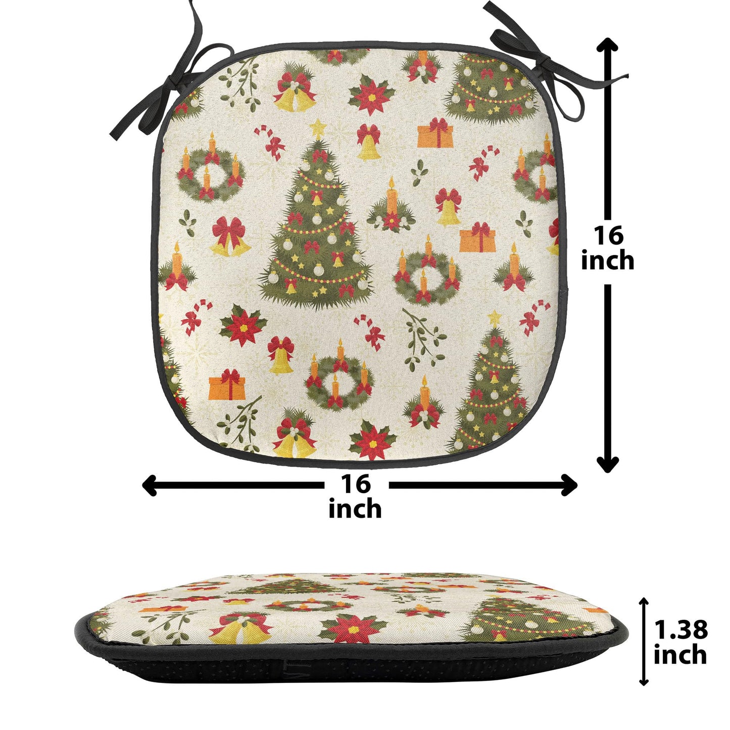 Ambesonne Christmas Chair Seating Cushion Set of 4, New Zealand Poinsettia Flower Xmas Trees Gift Boxes Art Culture Pattern, Anti-Slip Seat Padding for Kitchen & Patio, 16"x16", Olive Green Yellow