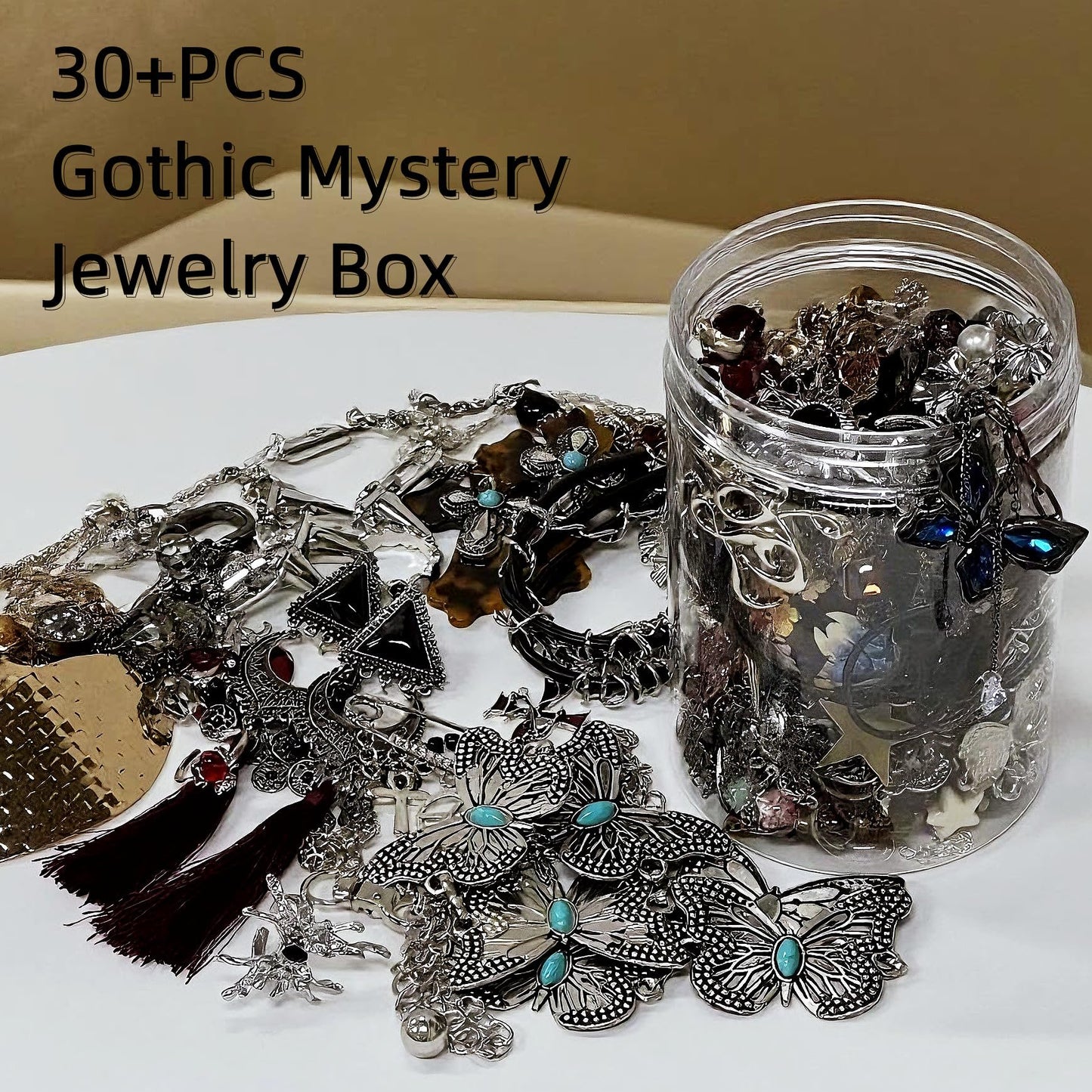MINGRI Mystery Jewelry Jar,Gothic Jewelry Box for Women, Spooky Season Accessories Gift Set(30PCS Gothic Witch Punk Necklace,Earrings, Rings,Bracelets/Bangles),Unique Birthday & Party Favor for Her