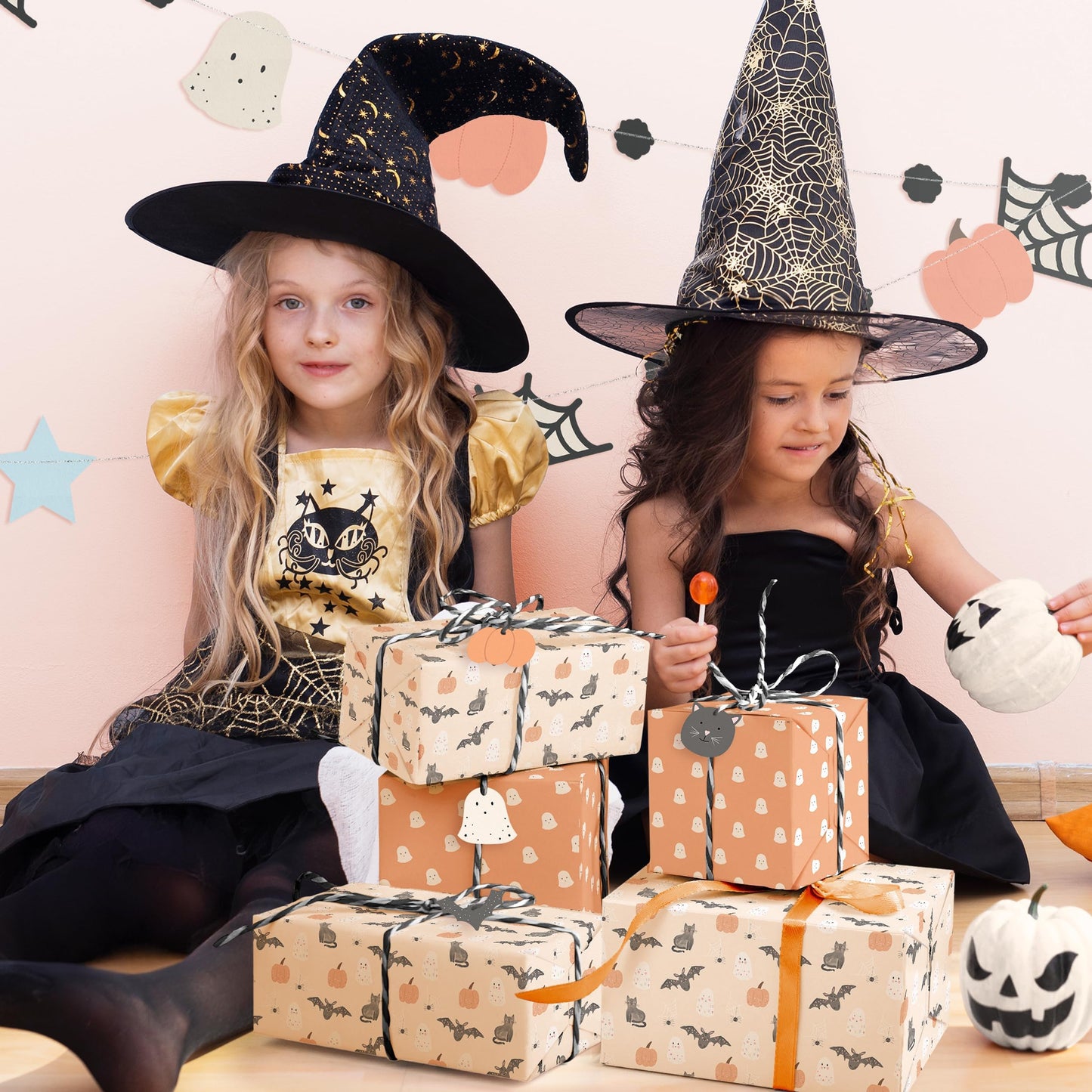 Cheerland Halloween Party Decorations Cute Spooky Pumpkin Treat Bags With Wrapping Paper for Horror Theme Birthday Baby Shower Summerween Party Supplies