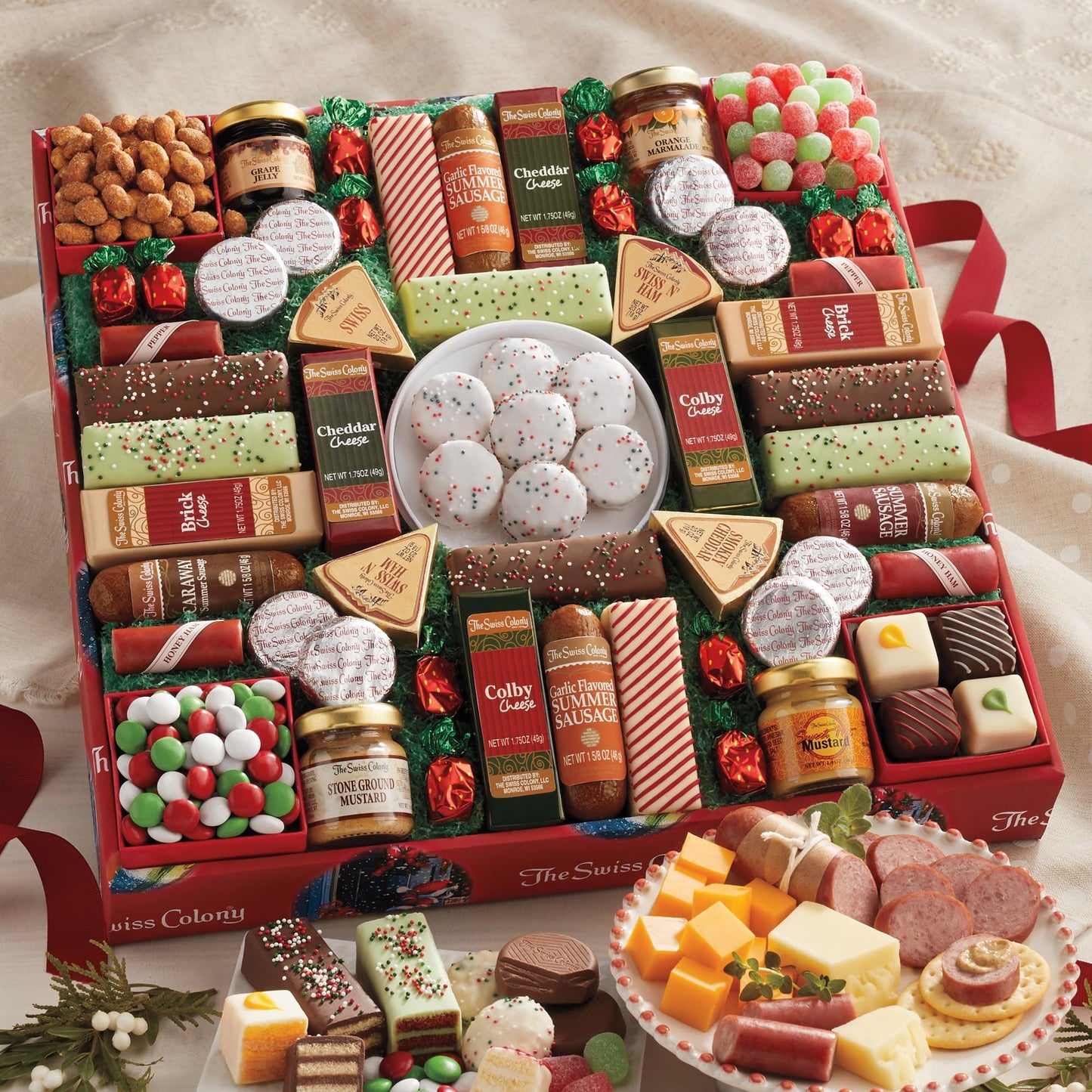 The Swiss Colony 43 Season Pleasers - Assorted Summer Sausage Meats, Mini Meat Sticks, Cheese Bricks and Wedges, Spreadables, Candies, & Chocolate Treats, Meat and Cheese Gift Set, Charcuterie Board