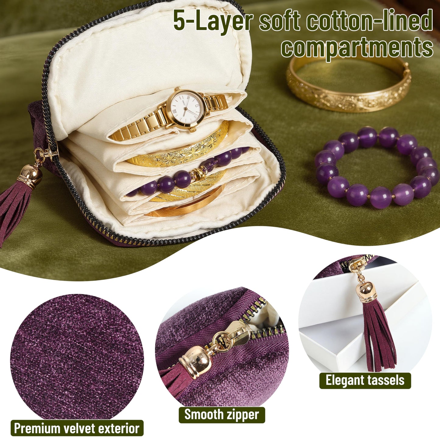 LOTOFUN Small Travel Jewelry Case: 5-Layer Individual Pouch Soft Velvet Bag Organizer With Zipper For Bracelets Bangles Protect From Tangle Scratch For Fashion Traveler Enthusiasts(Dark Purple)