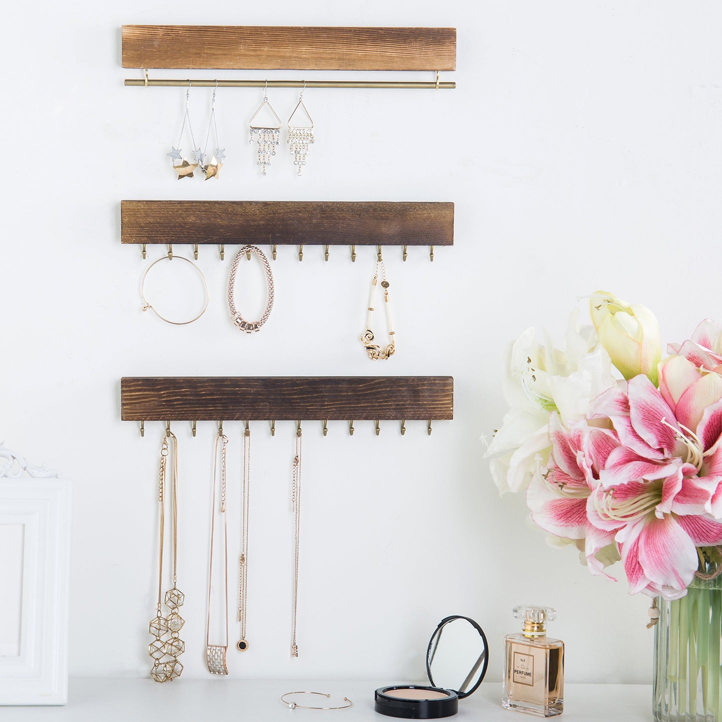 MyGift 3-Piece Wall Jewelry Organizer, Wall-Mounted Rustic Wood and Gold Tone Metal 24 Hook Necklace and Bracelet Storage Rack with Hanging Earring Bar