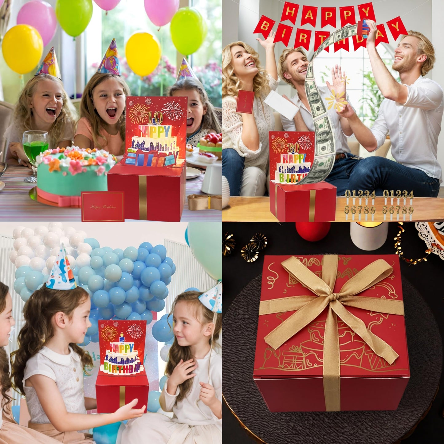 JINSTABAG Birthday Money Box for Cash Gift, Money Pull Box with Music Light 3D Cake and DIY Number Placard for Any Age, Birthday Decorations for Boys Girls Kids Adult (Red)
