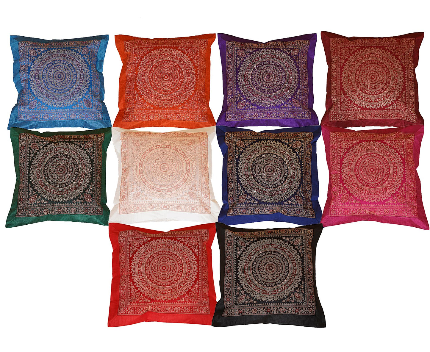 Shubhlaxmifashion Indian Set of 10 PCS 16x16 inch (41x41 cm) Mandala Silk Indian Ethnic Bohemian Decorative Cushion Cover Handcrafted Patchwork Sari Throw Pillow Boho Decor Cushion Covers for Gift