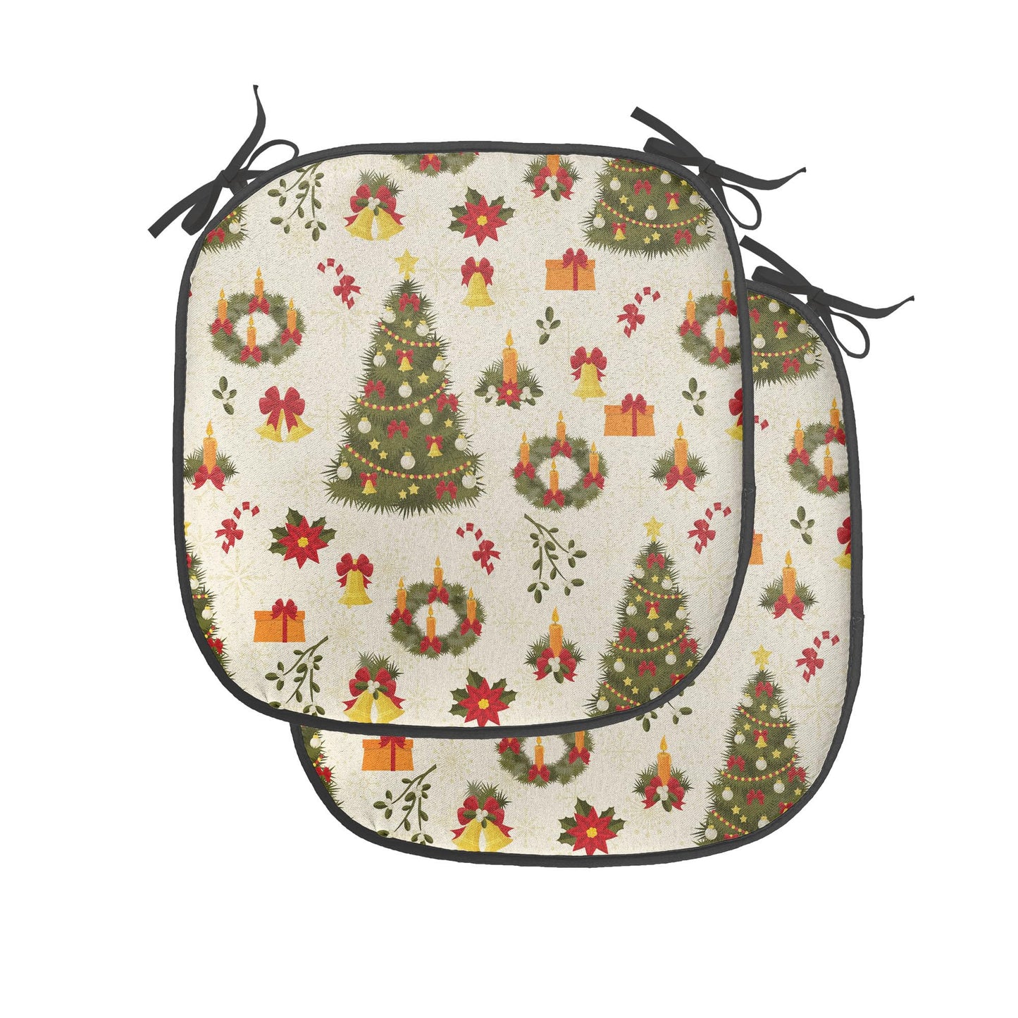 Ambesonne Christmas Chair Seating Cushion Set of 4, New Zealand Poinsettia Flower Xmas Trees Gift Boxes Art Culture Pattern, Anti-Slip Seat Padding for Kitchen & Patio, 16"x16", Olive Green Yellow