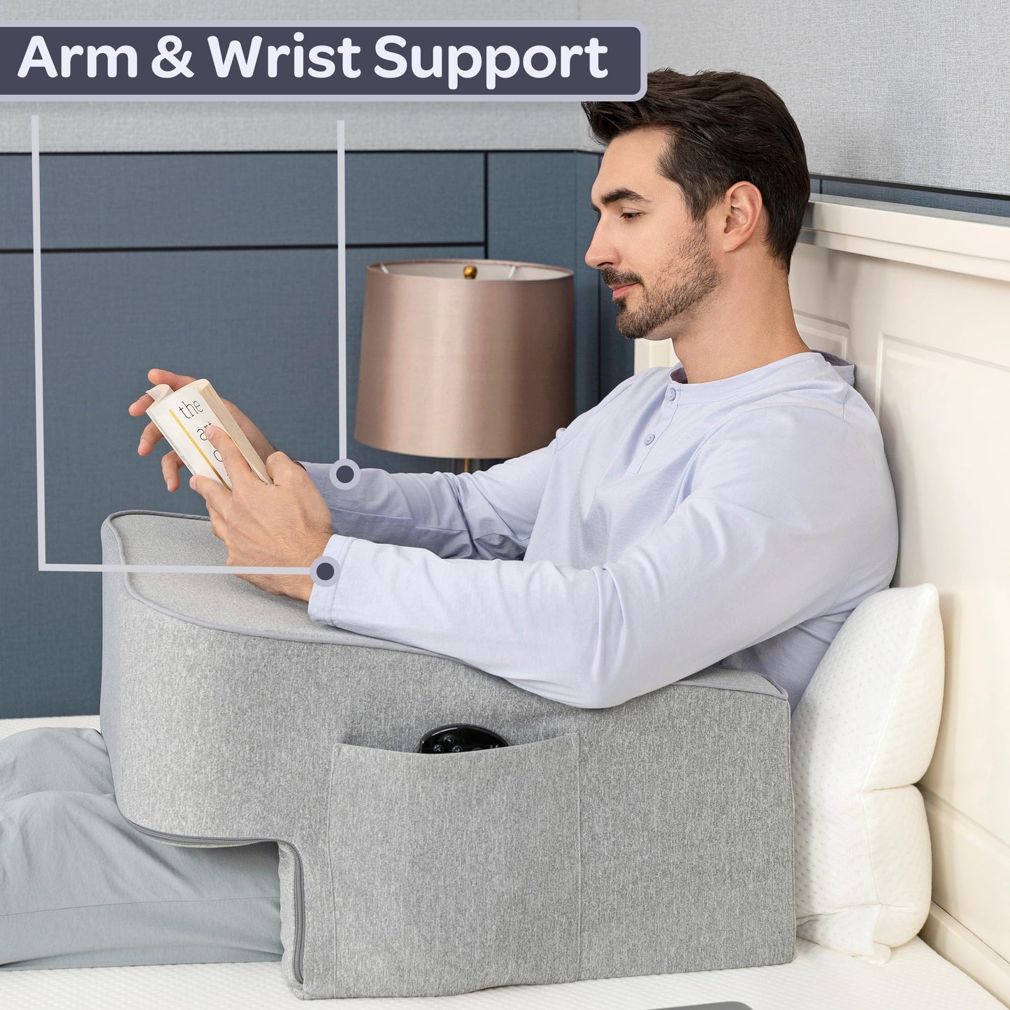 Lavish Home Reading Pillow for Gaming - Lap Desk Pillow with Arm Rests, Storage Pockets, and Removable Washable Cover - Laptop Pillow for Reading, Gaming, Studying, and Working (Gray)