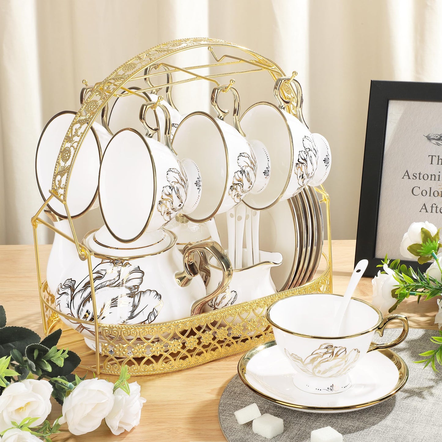 fanquare British Porcelain Tea Coffee Set 22 Piece New Bone China Gold Tulip Tea Service for Afternoon Tea, 6 TeaCup and Saucers with Metal Holder for Home Wedding Birthday