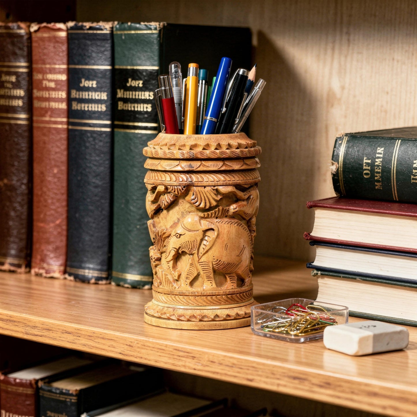 Craft Trade Hand Carved Wooden Pen Holder Desk Organizer, Elephant Design Pencil Holder Cup for Office Home School, Wooden Stationery Storage Box, Desk Decor, Camel Brown