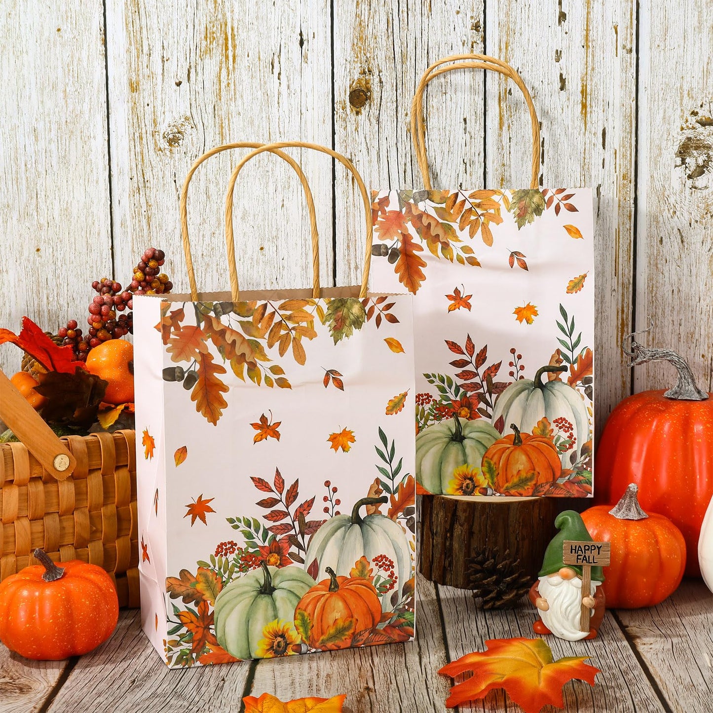 JarThenaAMCS 24Pcs Fall Kraft Paper Gift Bags Pumpkin Maple Leaves Treat Bags with Handles Grocery Shopping Bags Candy Goodie Bags for Autumn Thanksgiving Baby Shower Birthday Party Favors Supplies