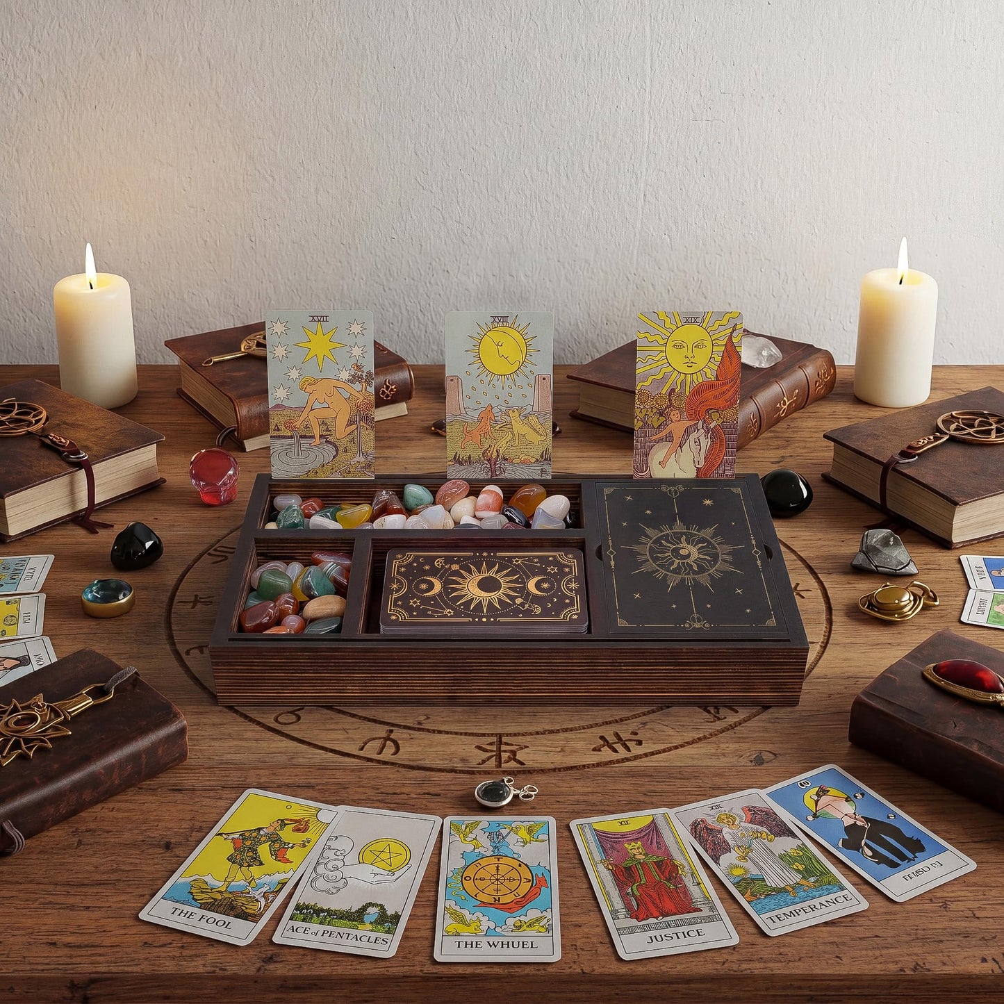 Tarot Card Holder Wooden Crystal Tray, Tarot Card Box and Wiccan Supplies, Witchcraft Altar Supplies Pagan Tarot Box Decor Witchy Gifts Meditation Accessories Witch Stuff Astrology Decor