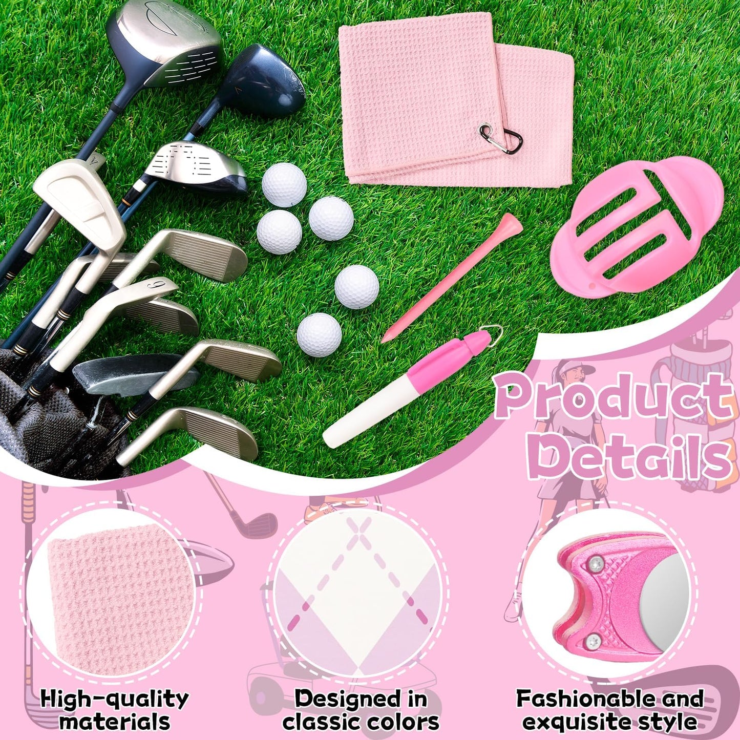 21 PCS Pink Golf Accessories Kit Golf Club Cleaning Kit Club Groove Cleaner Brush Divot Repair Tool Golf Towel with Clip Ball Bag with Hook Golf Ball Alignment Kit Marking Pen Golf Gift Set Women Men