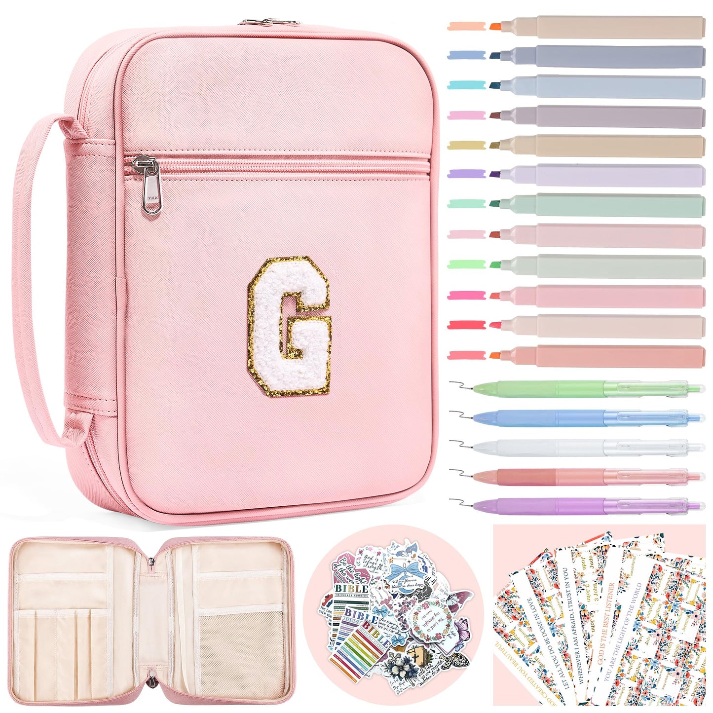 WOBAGMEN Bible Cover for Women,Pink PU Leather Personalized Bible Case with Bible Study Supplies,Including Tabs and Highlighter Set, Faith Chiristain Gift for Women Girls (Pink, G)