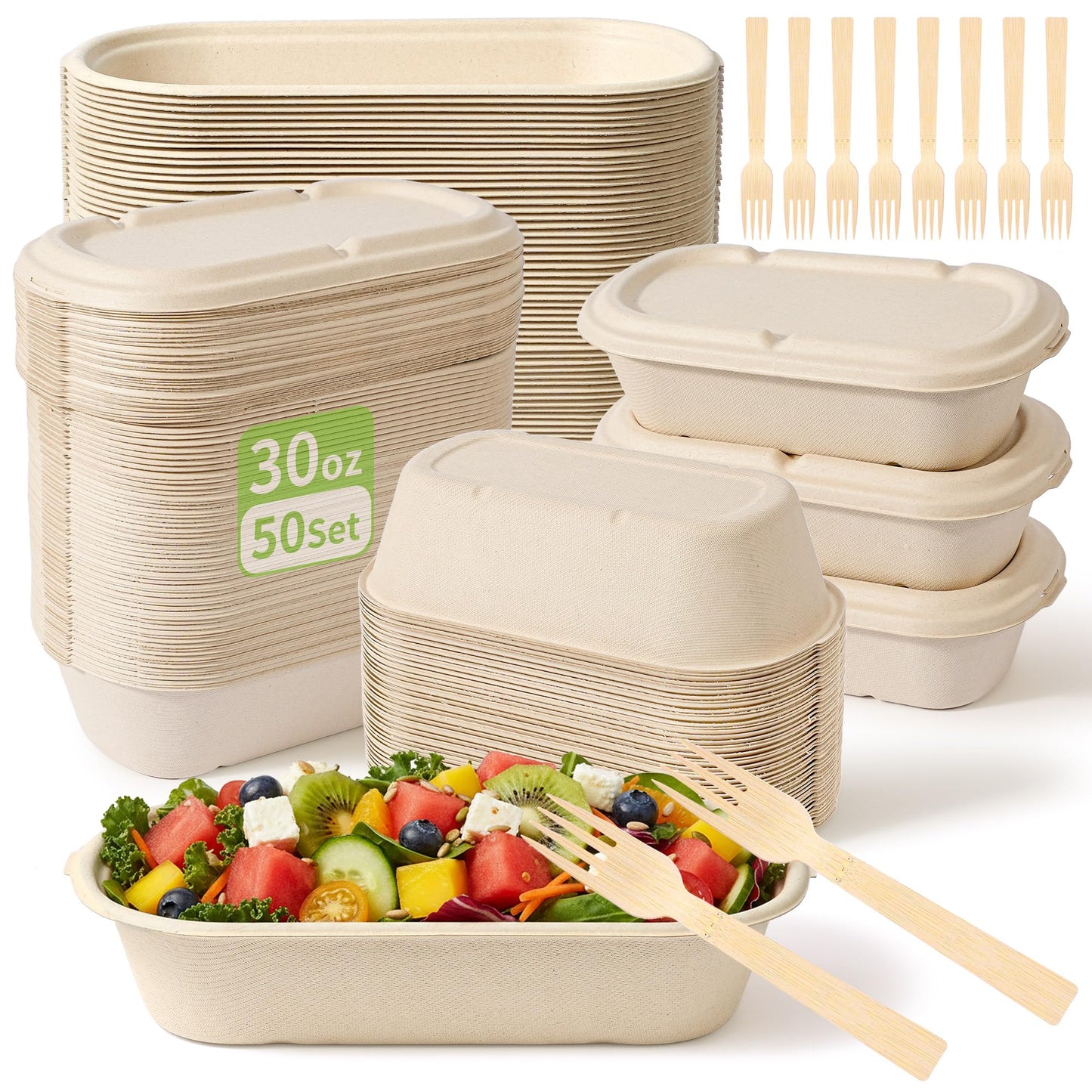 FEHHTO 50-Pack 30oz Disposable Meal Prep Containers with Lids, Sugarcane Pulp Compostable Food Containers + 50 Bamboo Forks, To-Go Food Containers, Microwave & Freezer Safe for Hot or Cold Foods