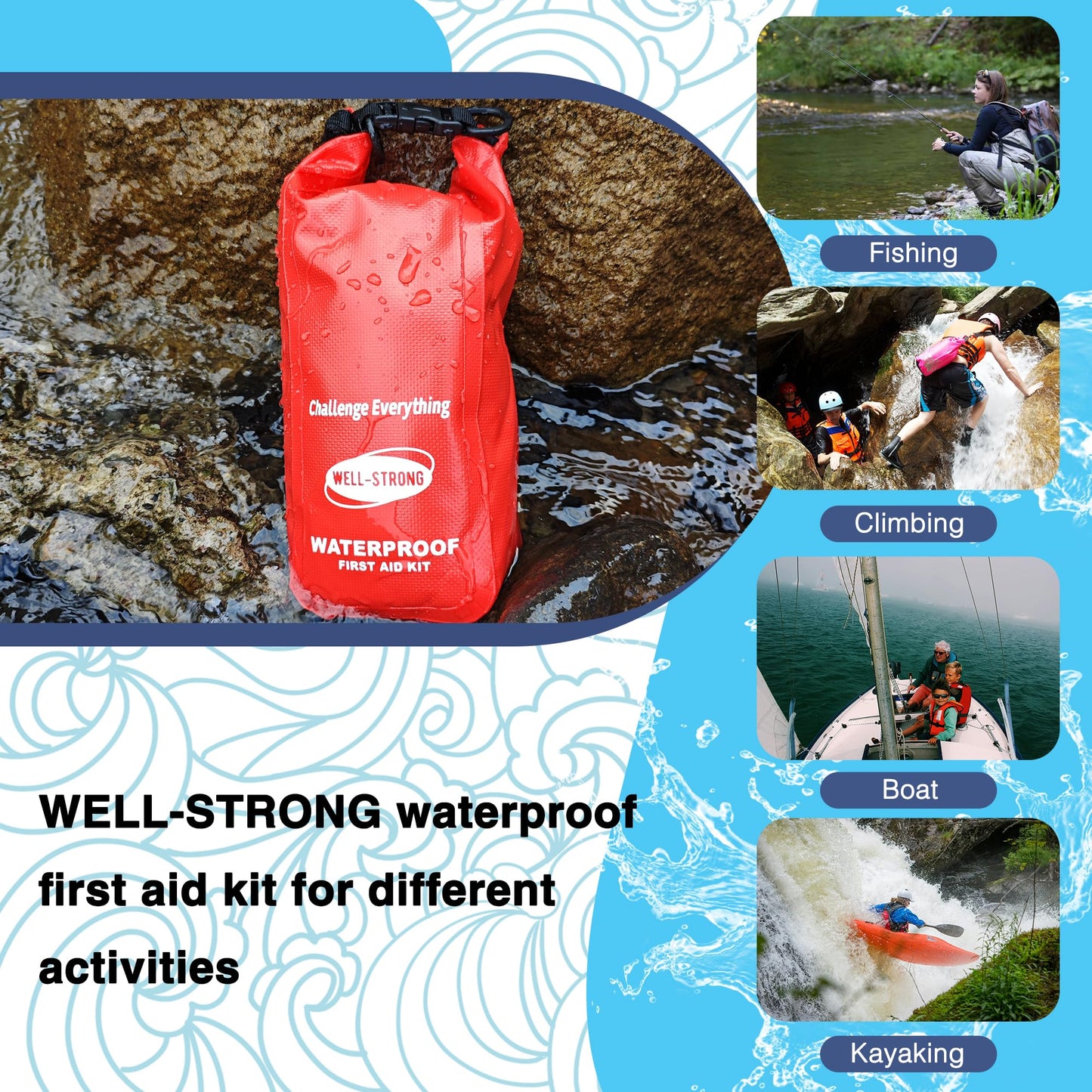 WELL-STRONG Boat First Aid Kit with Survival Tools, 123pcs Waterproof Emergency Marine Kit with Buckles, Compact Boat Safety Accessories for Fishing Kayaking Boating Camping Rafting Beach Red