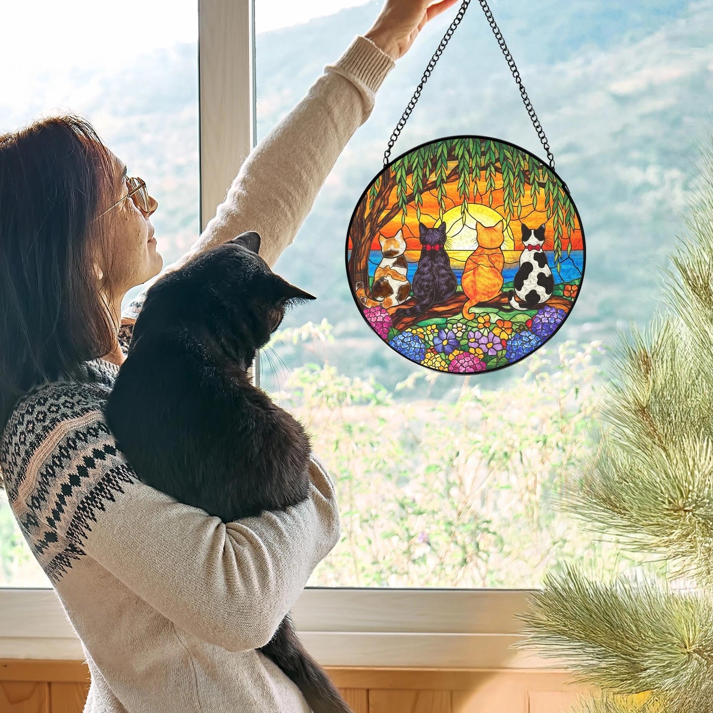 LIANGEAGOM Cat Flower Stained Glass Window Hanging, Cat Mom Lovers Gifts for Women, Nature Sunset Kitten Landscape Suncatchers Sun Catchers Indoor Window Glass Wall Art Decorations, 7.9x7.9in, Patio