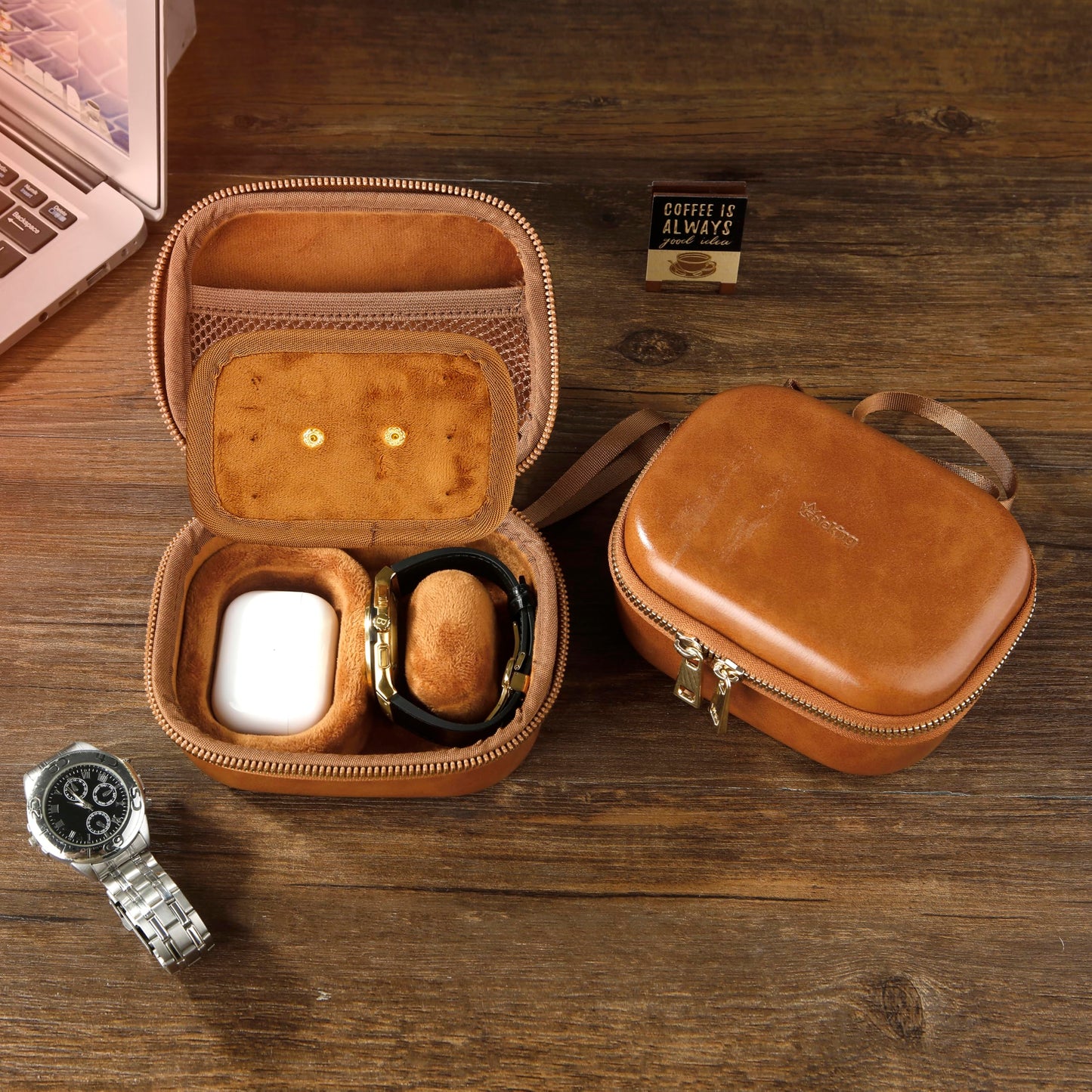 SoleKing Premium Leather Watch Travel Case Watch Box for AirPods & Apple Watch,Watch Storage and Jewelry Organizer Box for Smartwatches WristWatches,Jewelry, Ideal for Home Travel Gift Use