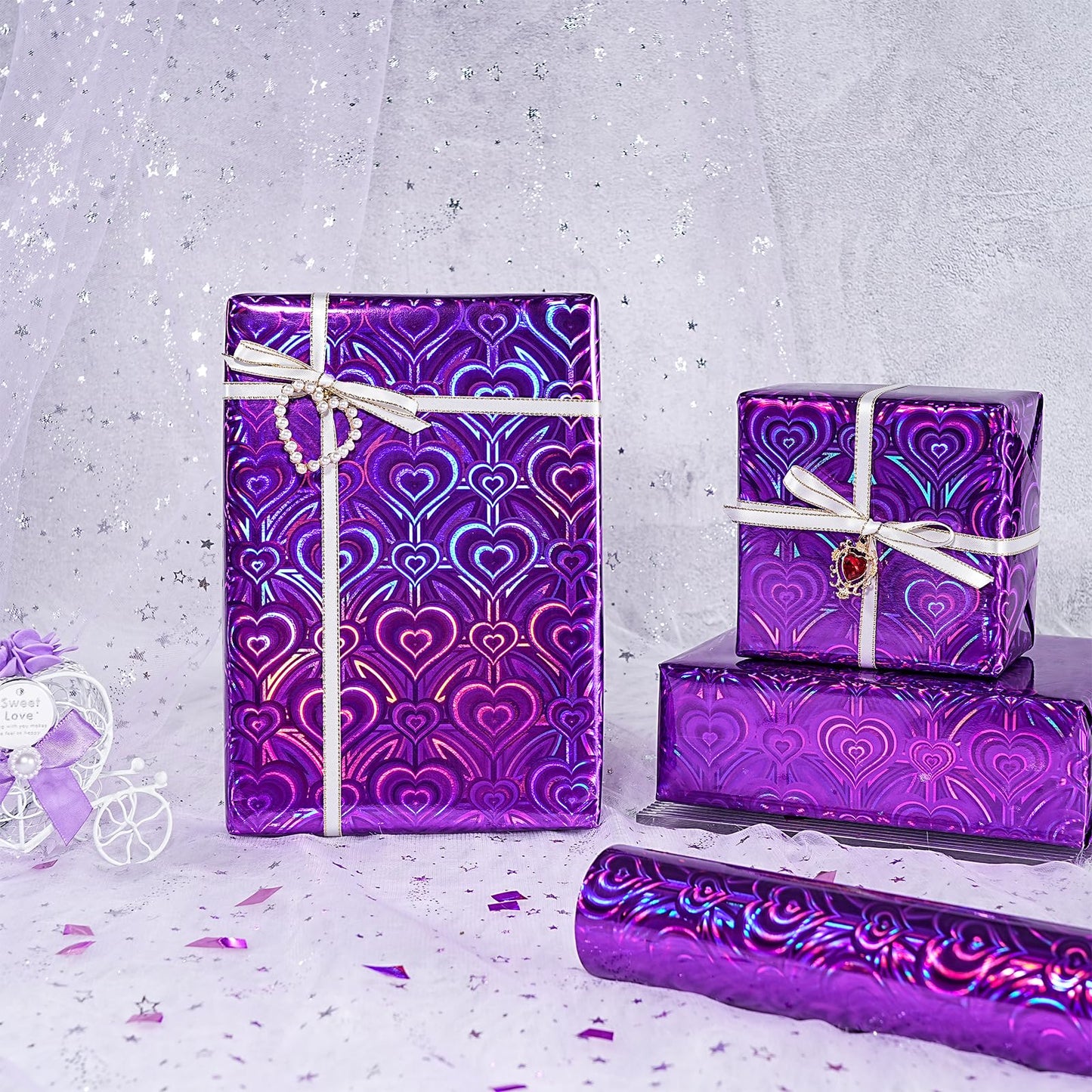 LeZakaa Purple Holographic Wrapping Paper, Metallic Foil Purple Heart for Helloween, Mothers Day, Graduation, Birthday, Valentines, Wedding, Baby Shower, Christmas, Mini Roll, 17 IN x 32.8 FT