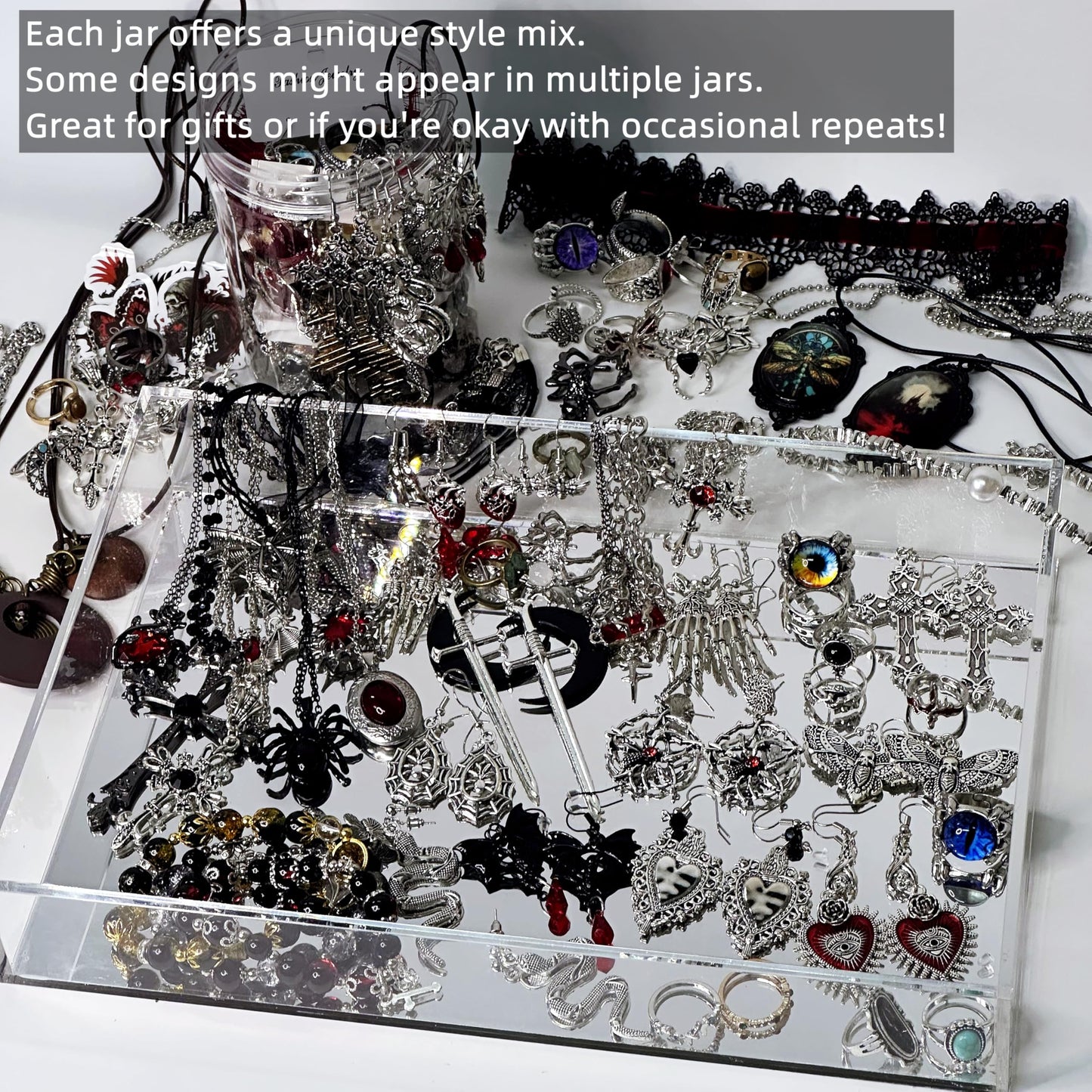 MINGRI Mystery Jewelry Jar,Gothic Jewelry Box for Women, Spooky Season Accessories Gift Set(30PCS Gothic Witch Punk Necklace,Earrings, Rings,Bracelets/Bangles),Unique Birthday & Party Favor for Her