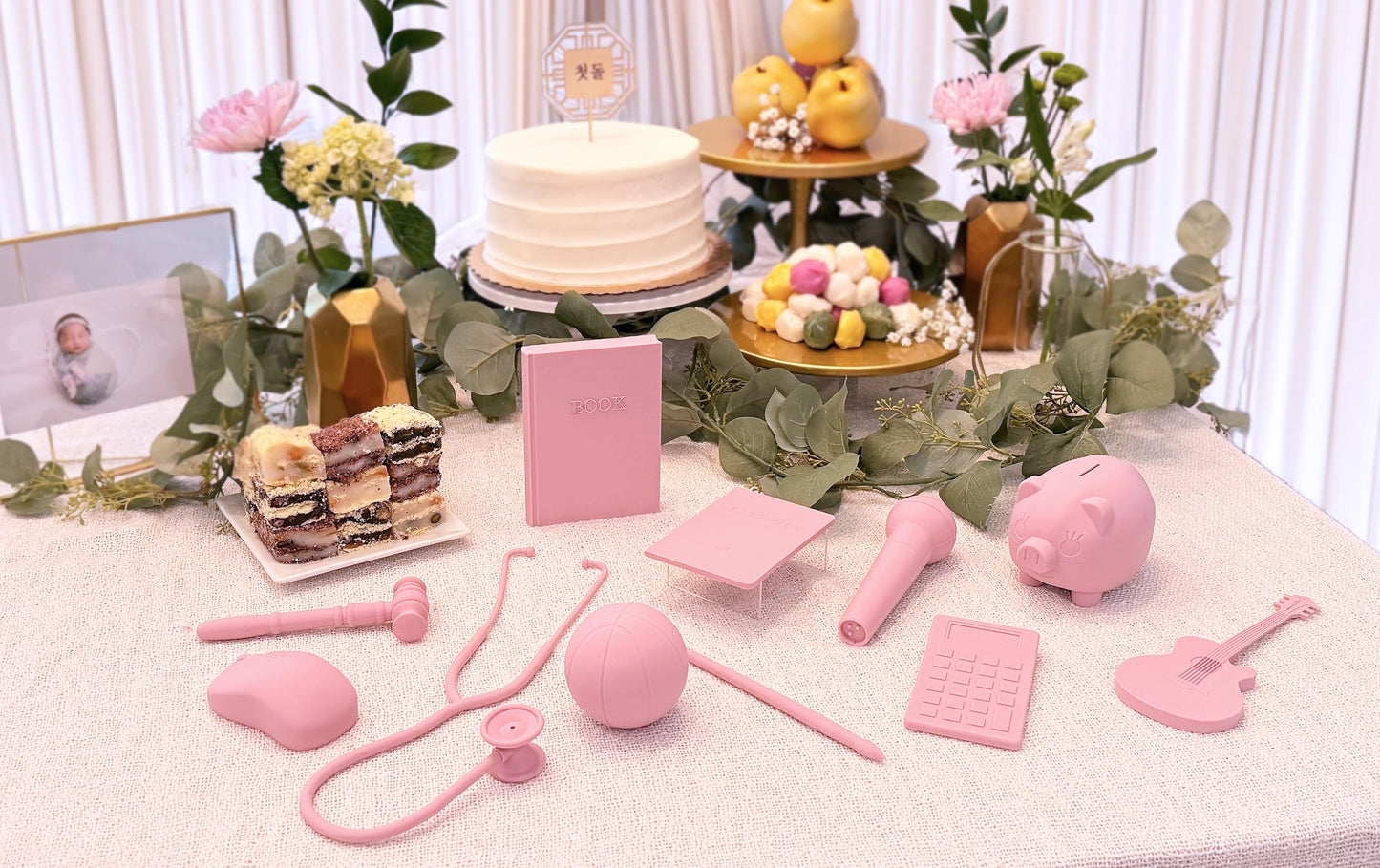 Premium Doljabi, Zhuazhou, Thoi NOI First Birthday Selection Set | 11 Pc Monochromatic Soft Silicone Items for Korean Doljanchi, Chinese, and Vietnamese 1st Bday Ceremony – Cultural Decor (Sand Pink)